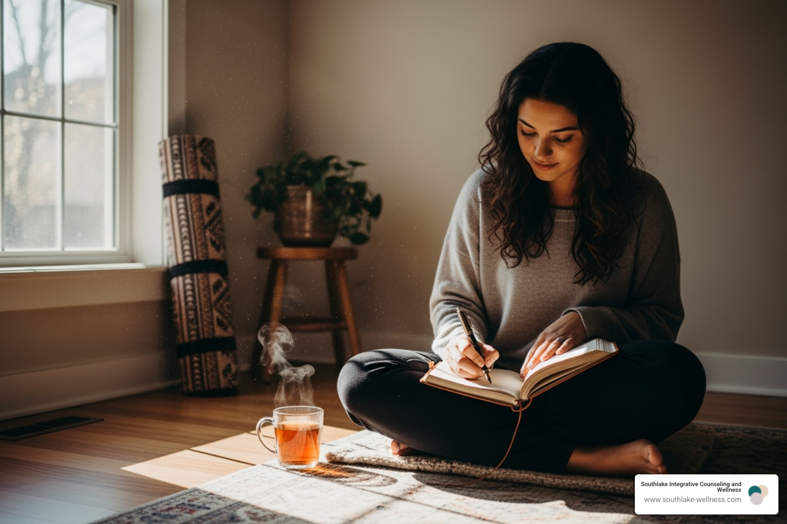 person journaling peacefully in a sunlit room, with a yoga mat nearby - body mind and soul massage