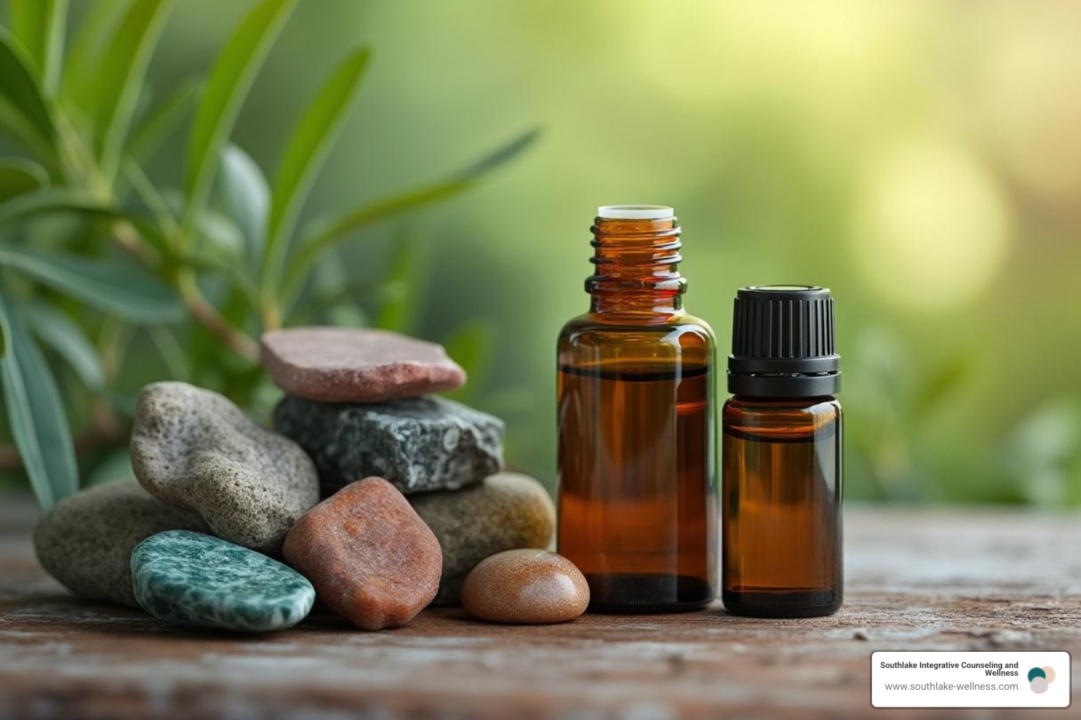 of essential oil bottles next to healing stones - body mind spirit massage