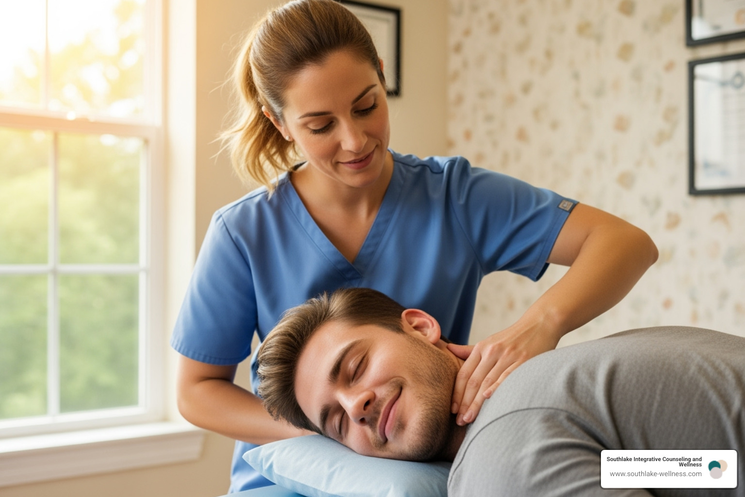 A therapist performing gentle, hands-on manual therapy with a relaxed patient. - mind body physical therapy and wellness