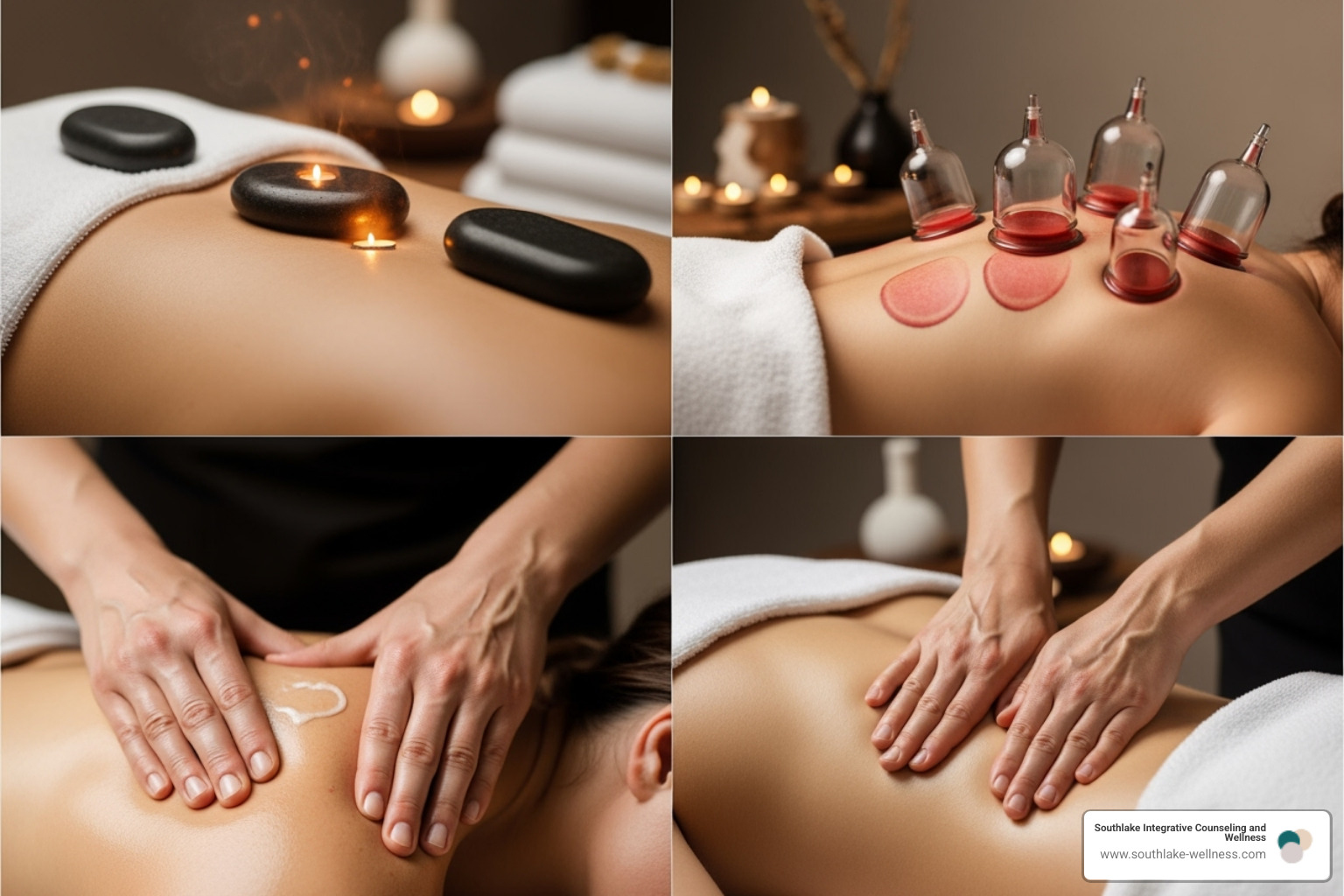 collage of different massage techniques like hot stone, cupping, and hand movements - mind body wellness and massage therapy