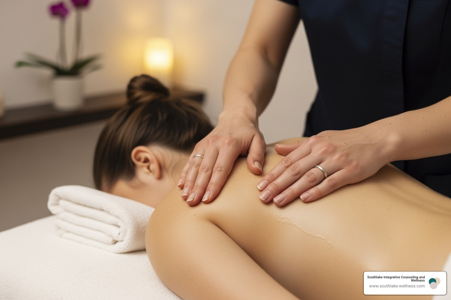 of a therapist performing a gentle massage stroke on a client's back - mind your body massage