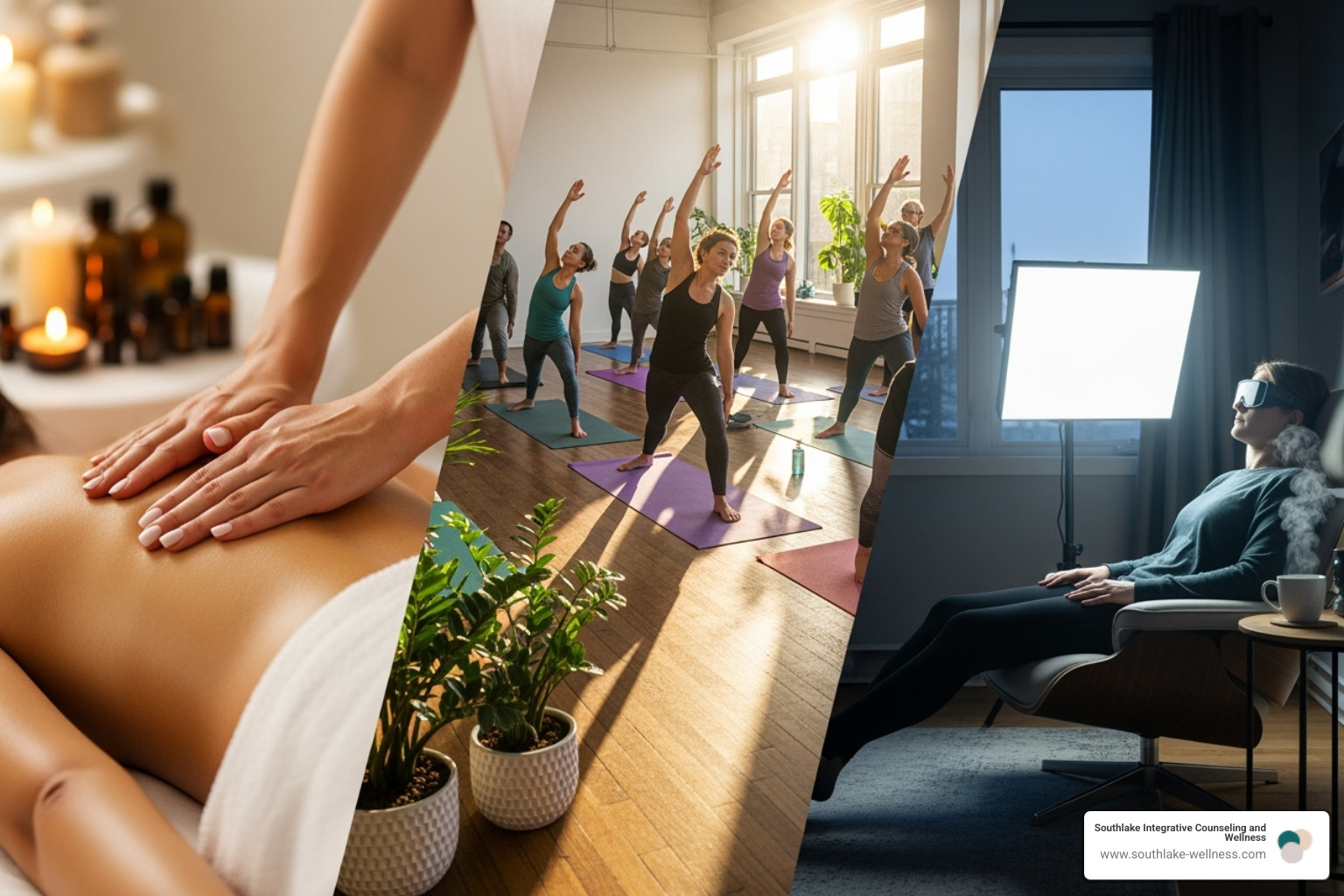 collage of different therapies like massage, a yoga class, and light therapy - refresh mind body wellness center therapy