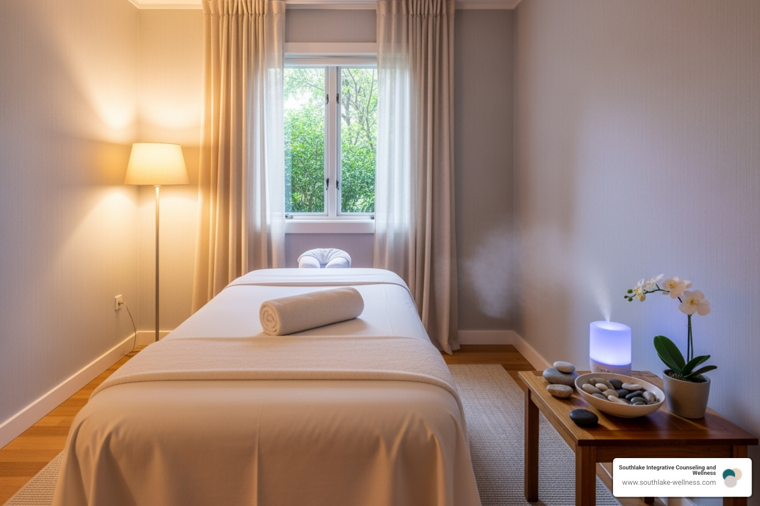 a tranquil, private massage room with a massage table and soft lighting - relax body&mind massage studio