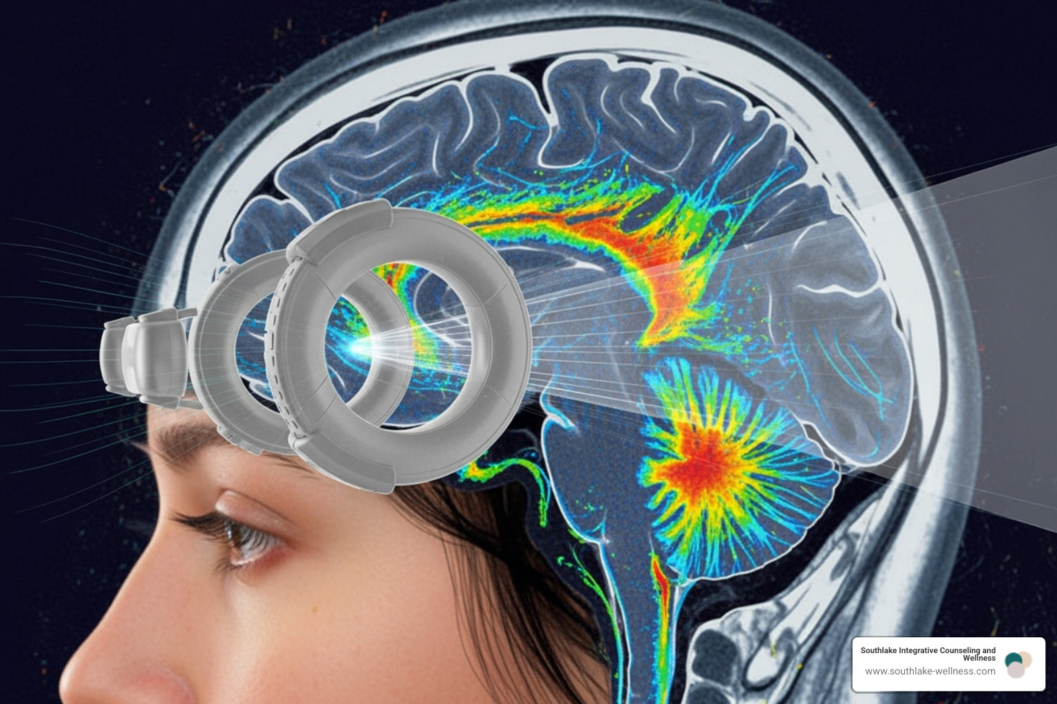 A detailed brain scan showing neural activity, with an overlay representing TMS coils on a patient's head - Southlake mental health