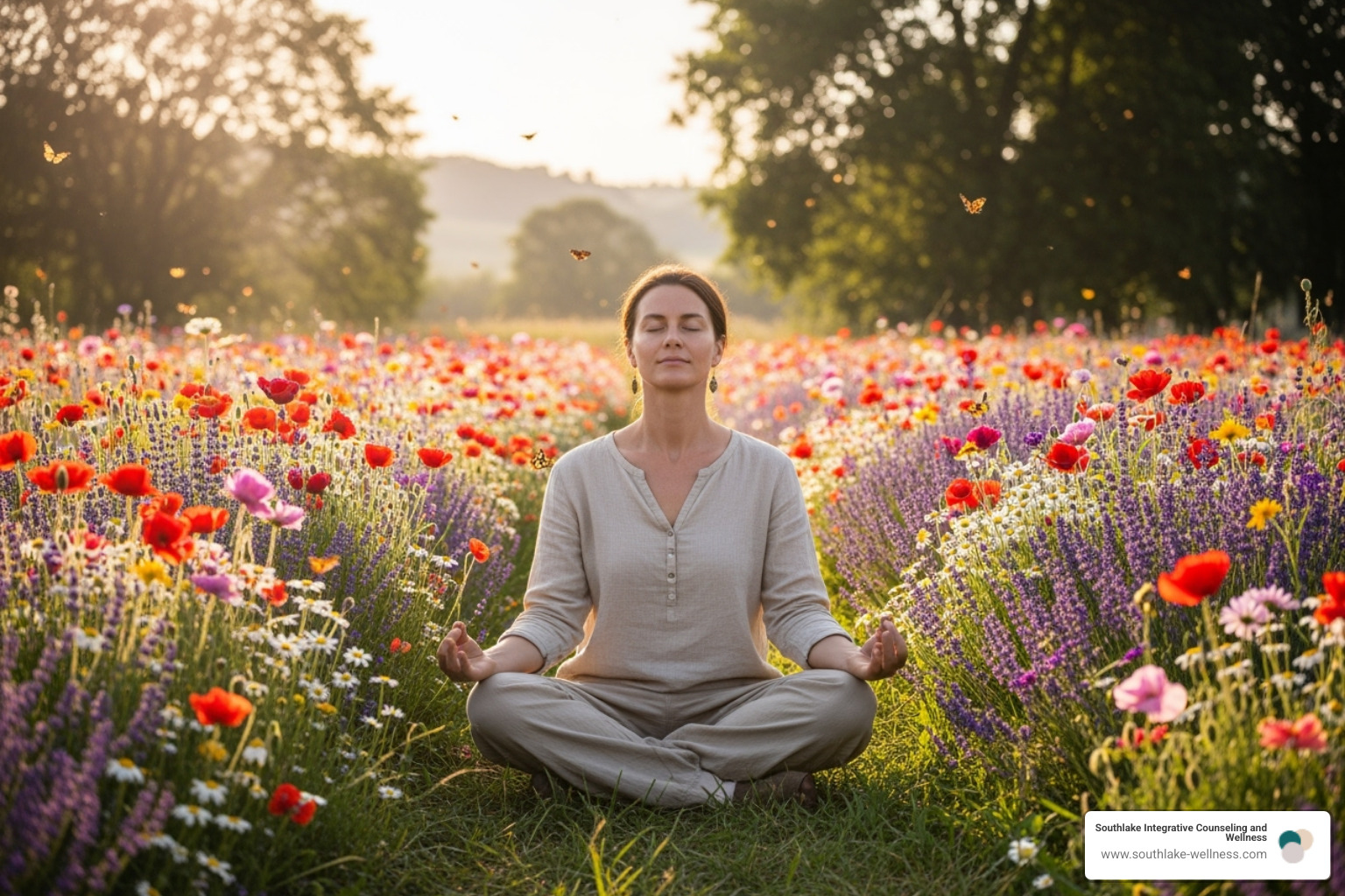 A person sitting peacefully in a field of flowers, meditating with their eyes closed and hands in a calming gesture, surrounded by nature. - can stress make you sick