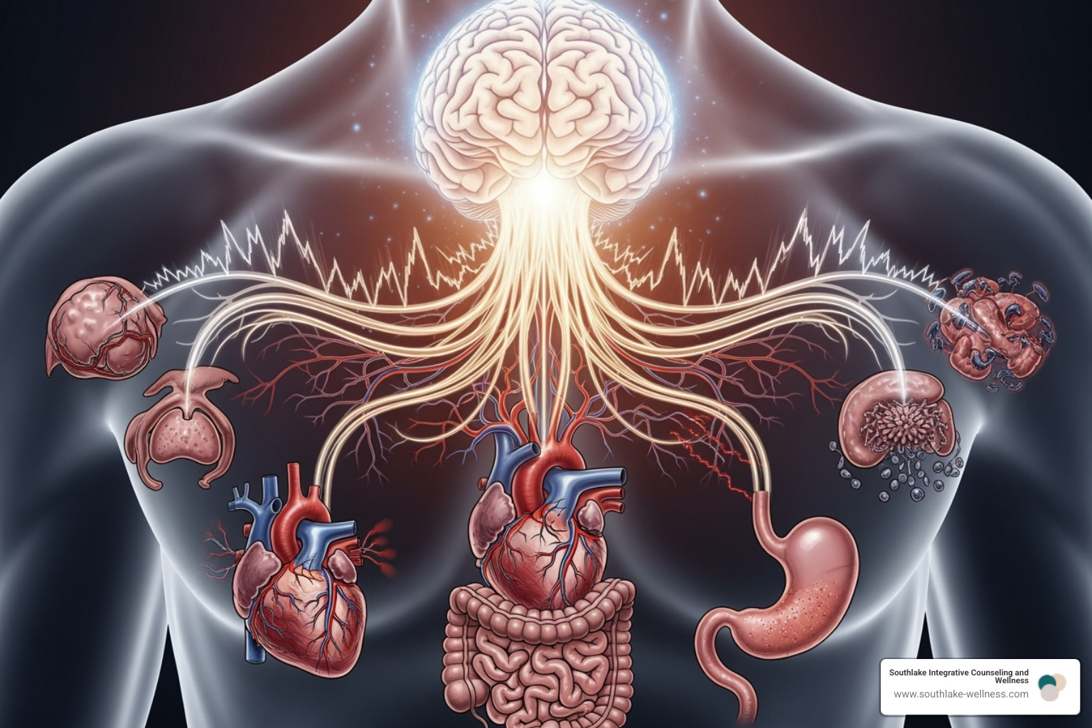 An illustration showing the mind-body connection with lines from the brain extending to various organs like the heart, stomach, and immune system, symbolizing how stress affects different body parts. - can stress make you sick