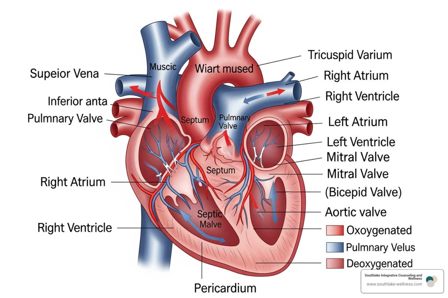 A detailed diagram showing the human heart with its chambers, valves, and major blood vessels. - can stress make you sick