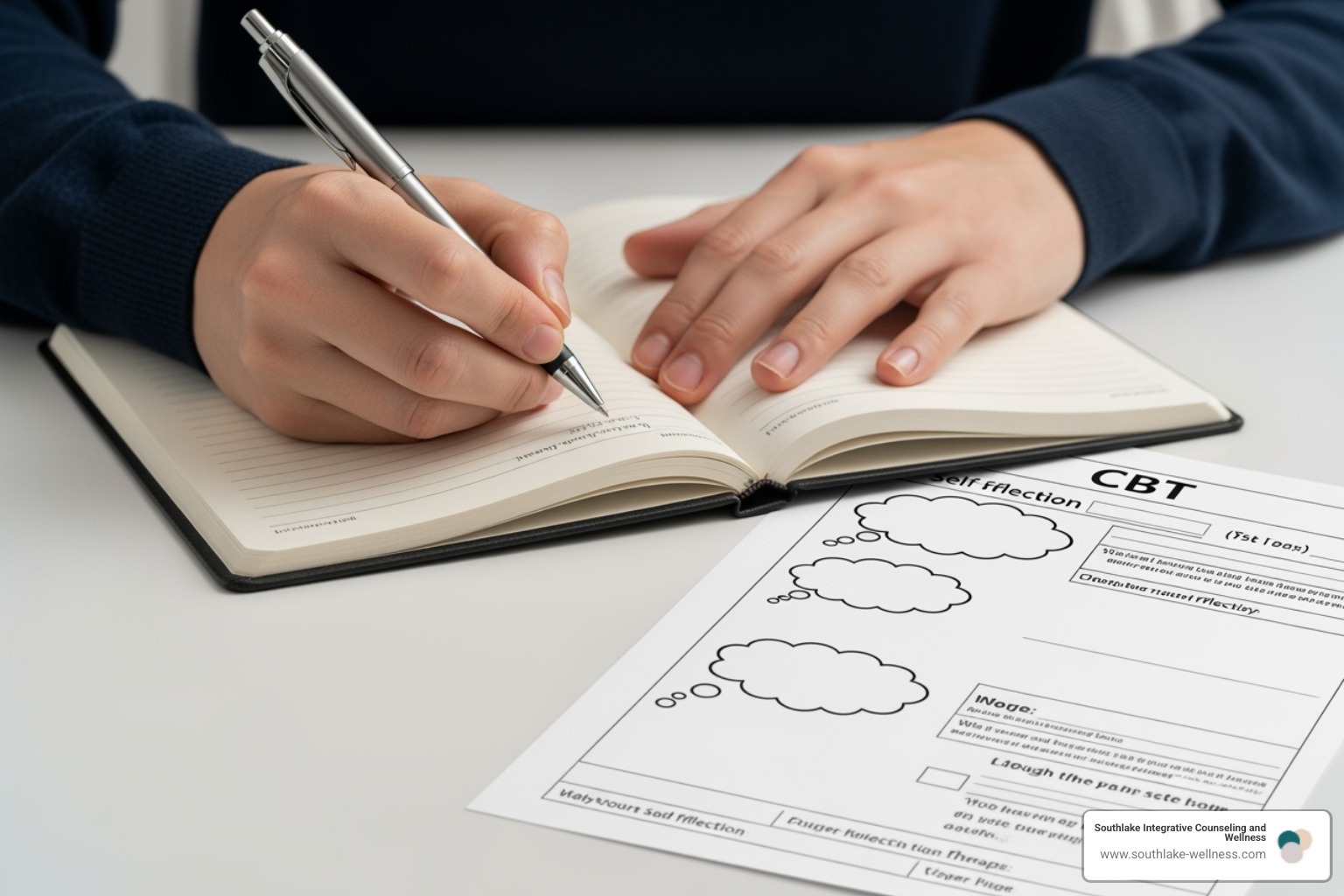 A person writing in a journal with a pen, next to a CBT worksheet with thought bubbles and prompts - behavioral therapy for stress management