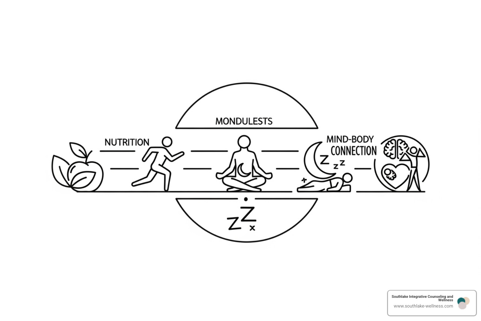 five icons representing nutrition, movement, mindfulness, sleep, and the mind-body connection - Holistic mental wellness