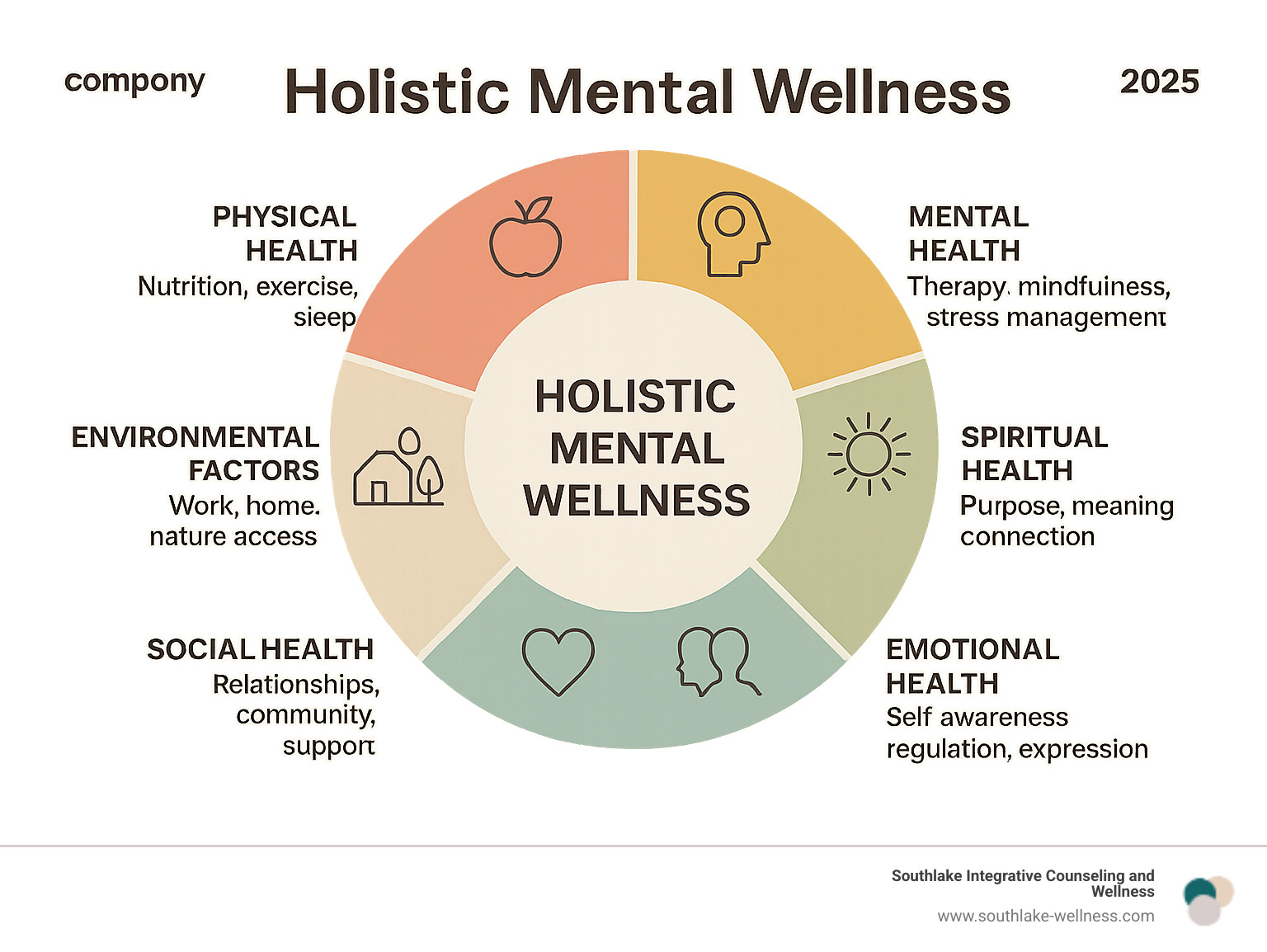 Comprehensive infographic showing the interconnected dimensions of holistic mental wellness including physical health (nutrition, exercise, sleep), mental health (therapy, mindfulness, stress management), spiritual health (purpose, meaning, connection), emotional health (self-awareness, regulation, expression), social health (relationships, community, support), and environmental factors (work, home, nature access) all connected in a circular wheel design - Holistic mental wellness infographic 