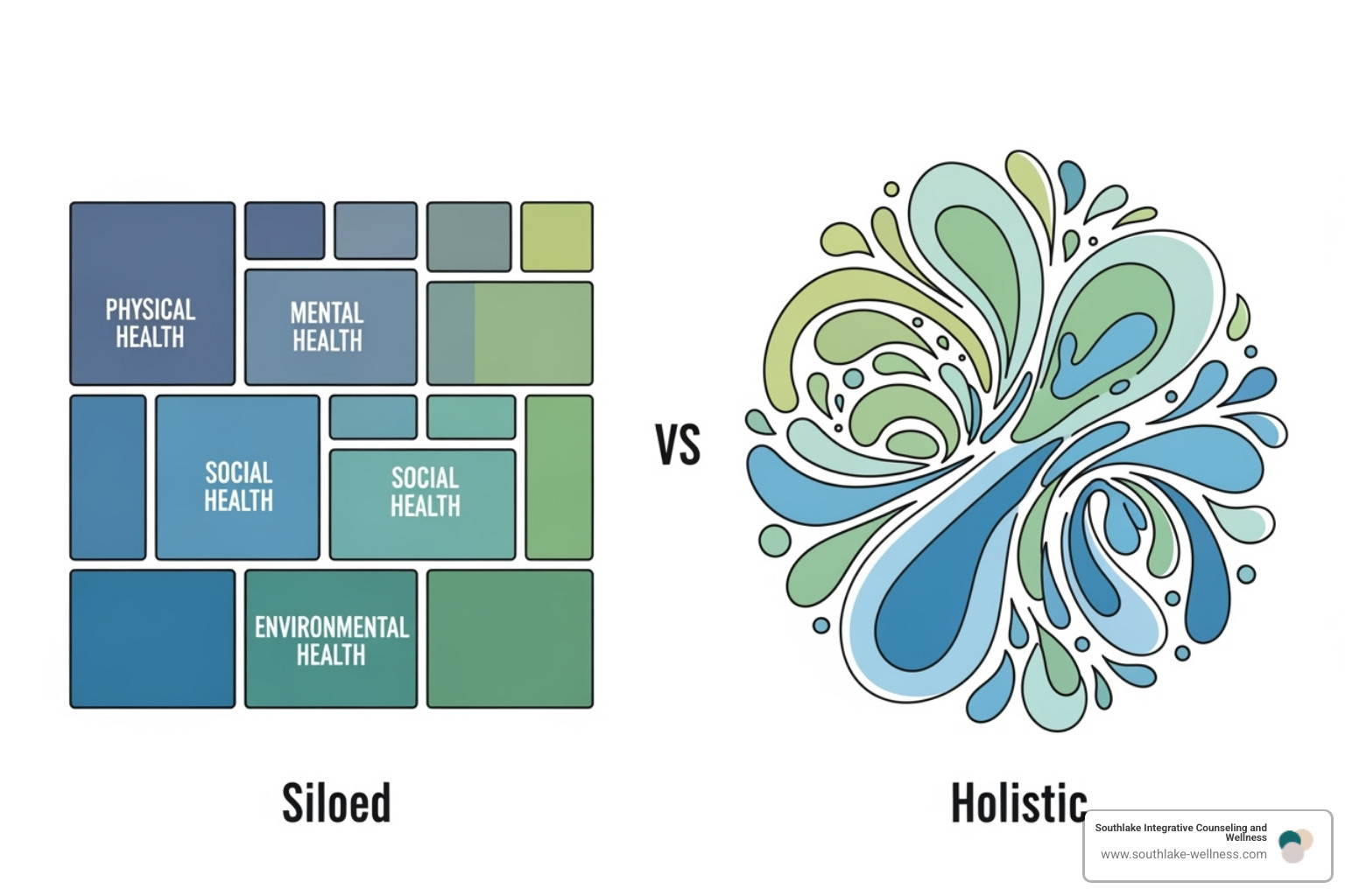 diagram contrasting a traditional, siloed approach to health with an integrated, holistic model - Holistic mental wellness