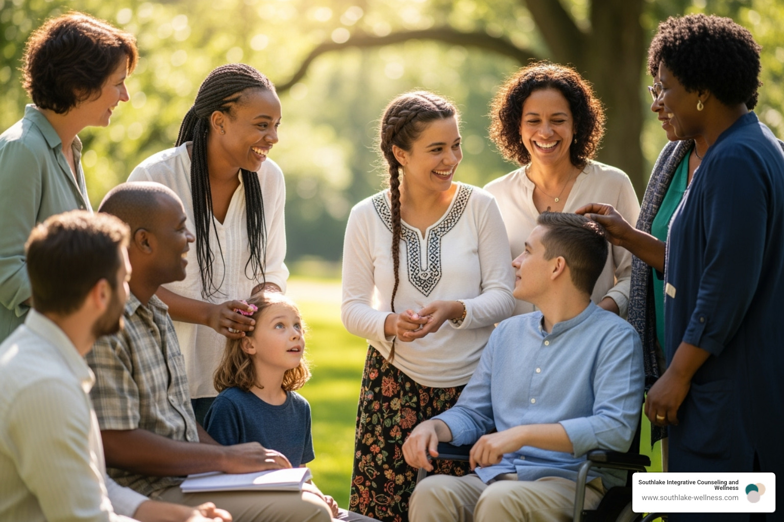 A diverse group of people smiling and interacting, representing different age groups and backgrounds, symbolizing the broad reach of wellness counseling - Wellness counseling Texas