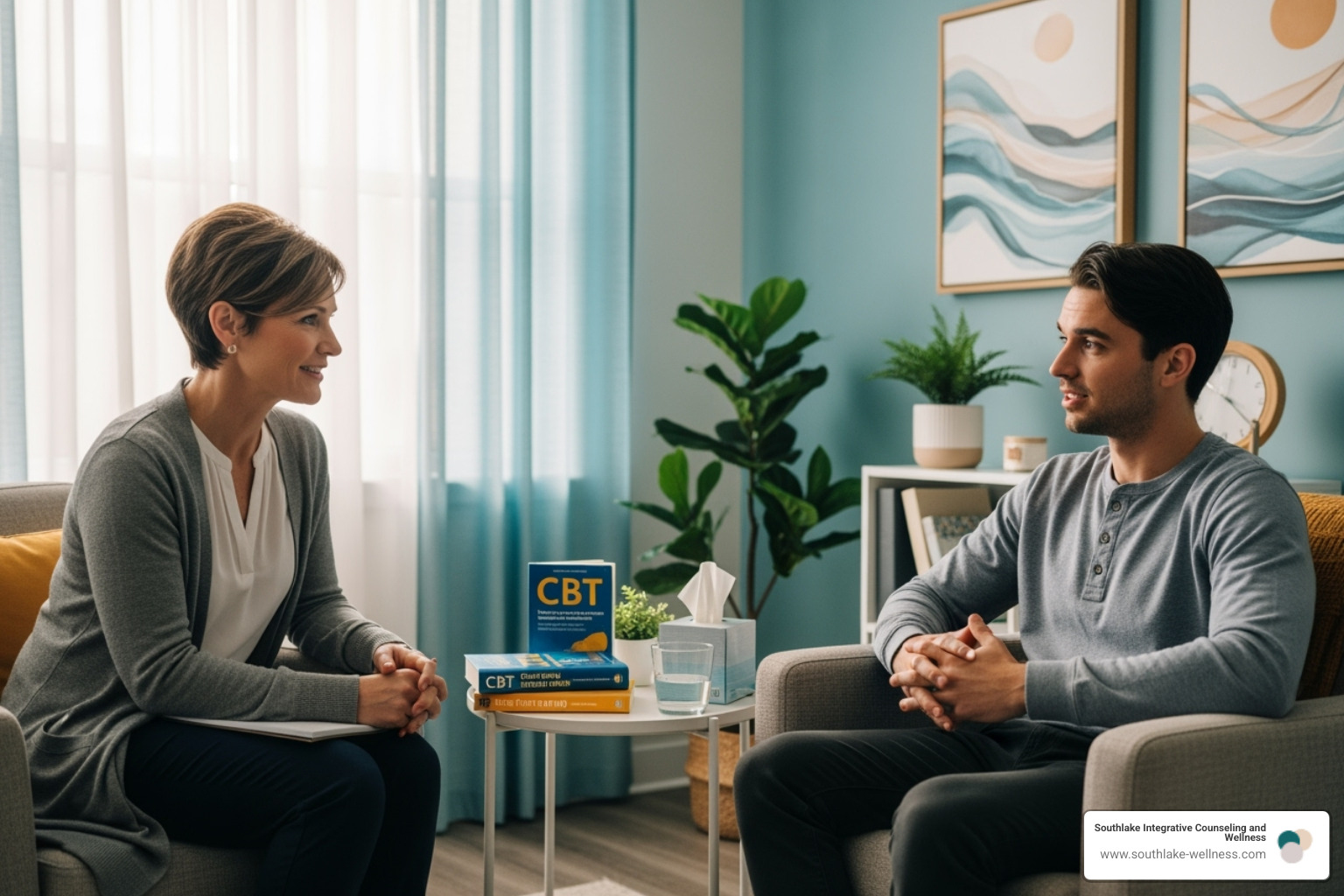 A man and woman sit in chairs, facing each other in a counseling session. A book titled "CBT" sits on a table between them
