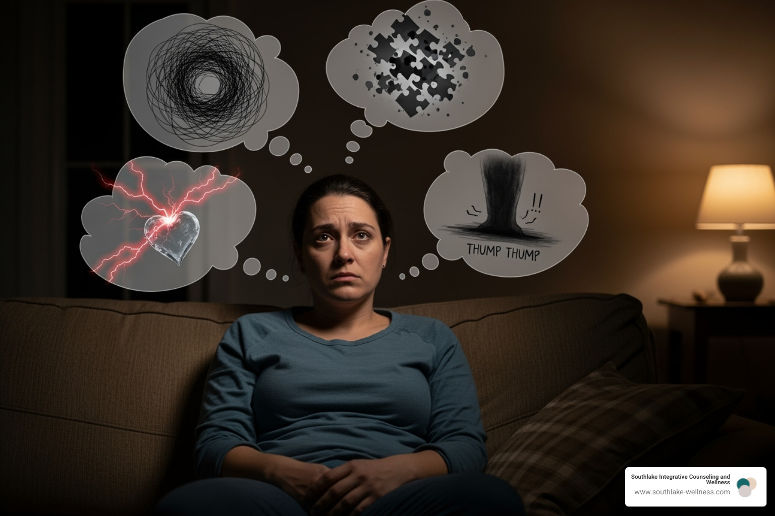 A person sitting on a couch, appearing worried, with thought bubbles above their head illustrating anxious thoughts and physical sensations. - anxiety cognitive behavioural therapy