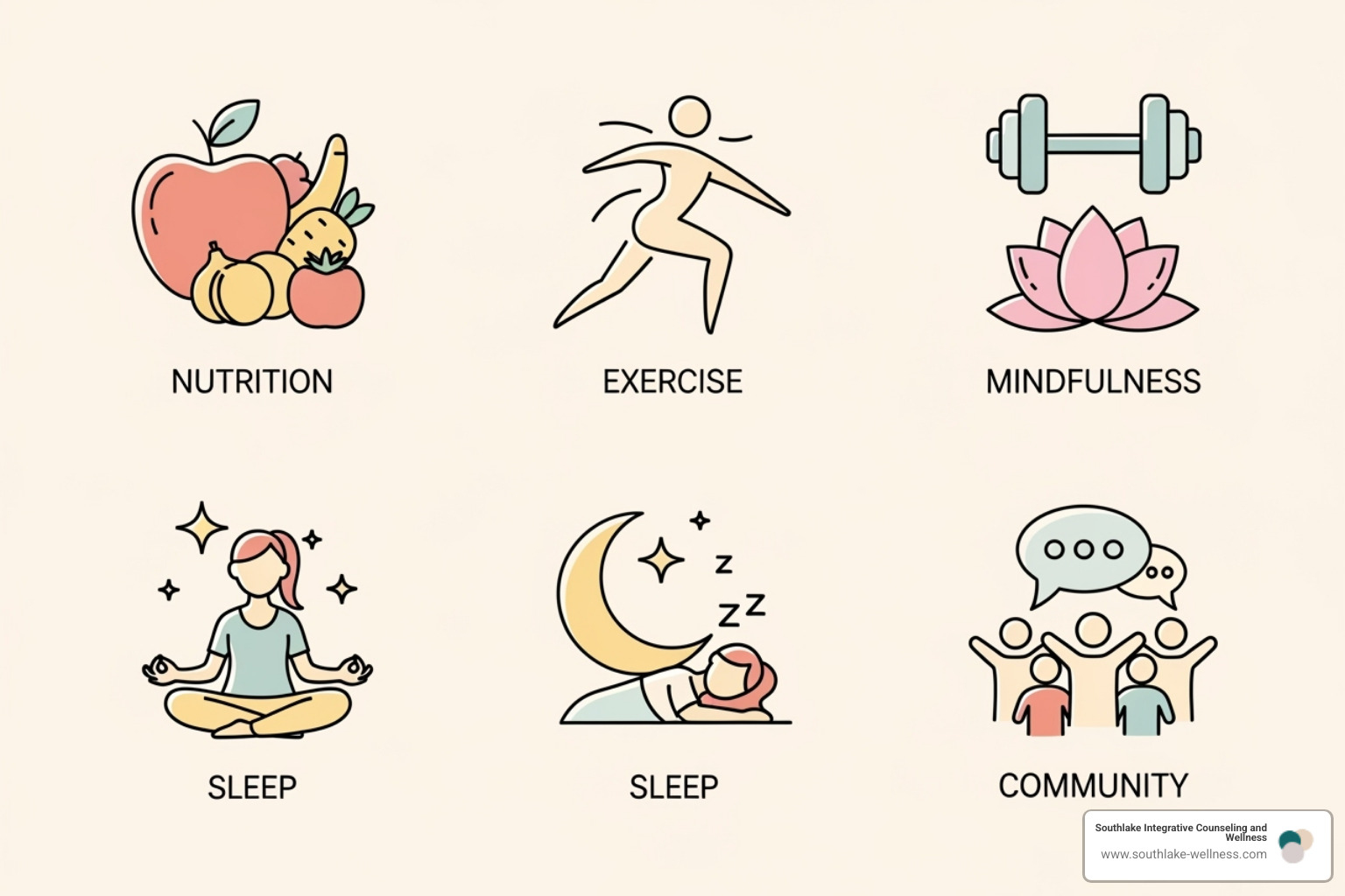Five icons representing nutrition, exercise, mindfulness, sleep, and community - holistic mental wellness