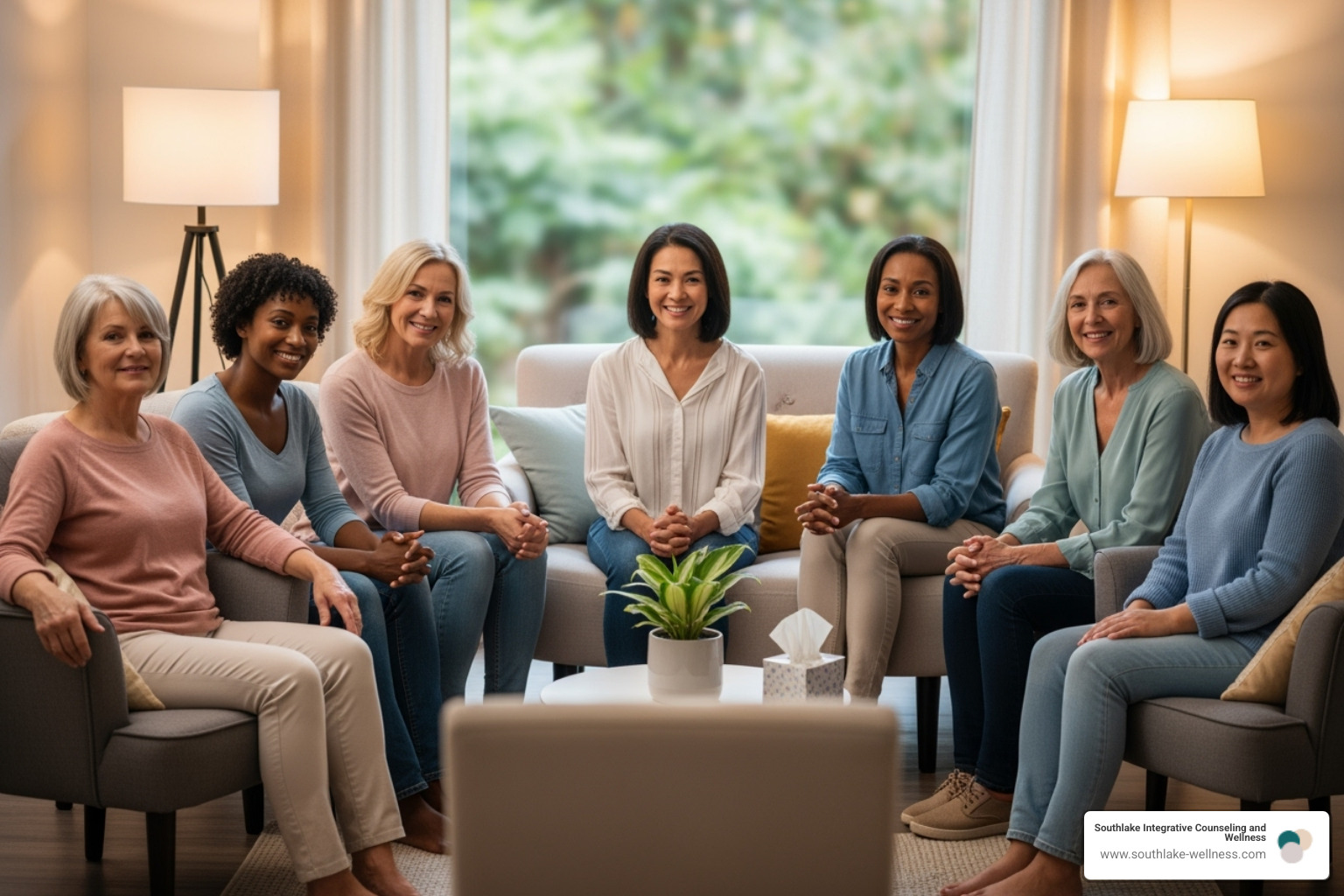 A diverse group of people looking content and relaxed in a therapy setting - Holistic approach therapy