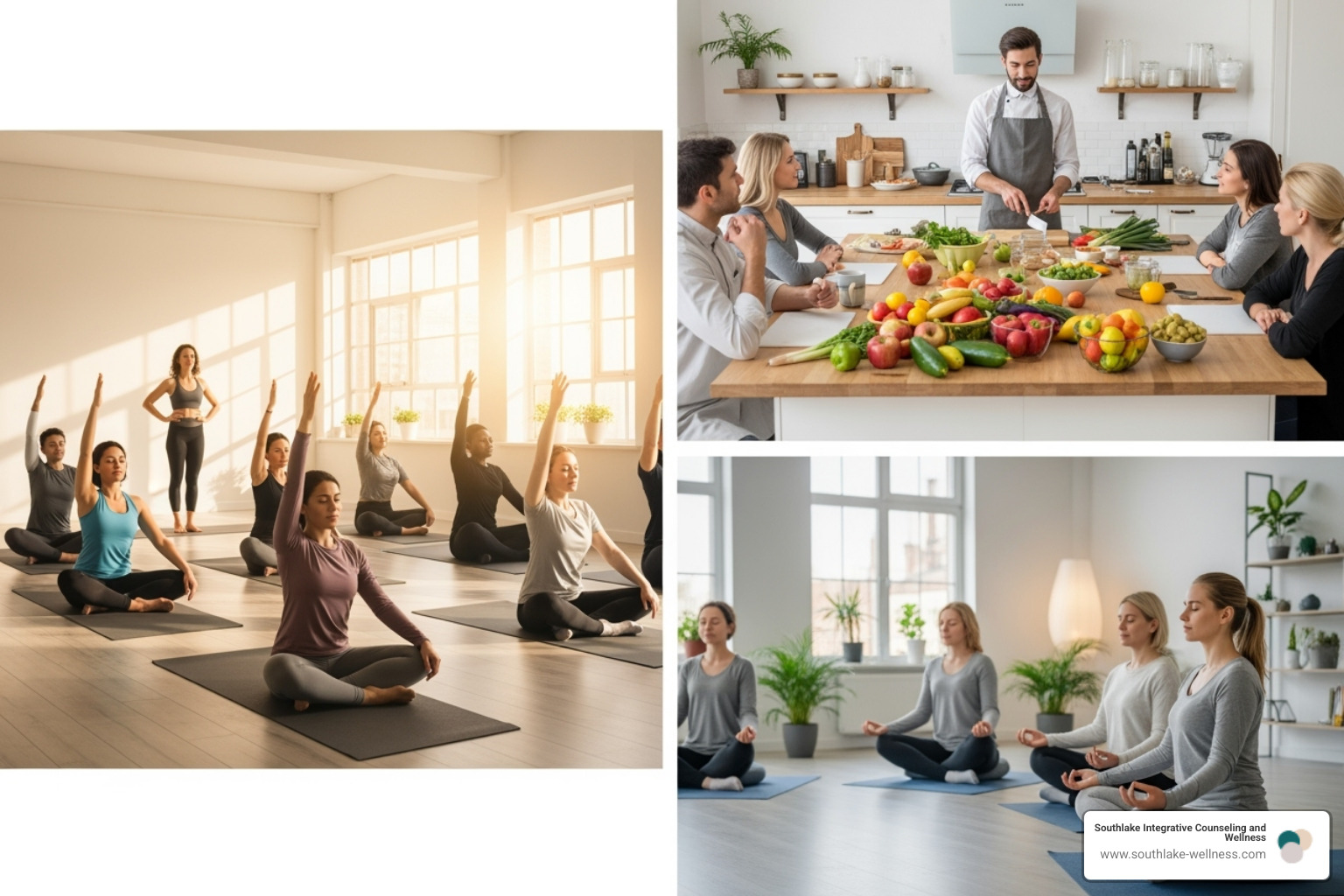 collage showing different wellness activities like yoga, a nutrition class, and a mindfulness session - Corporate wellness workshops