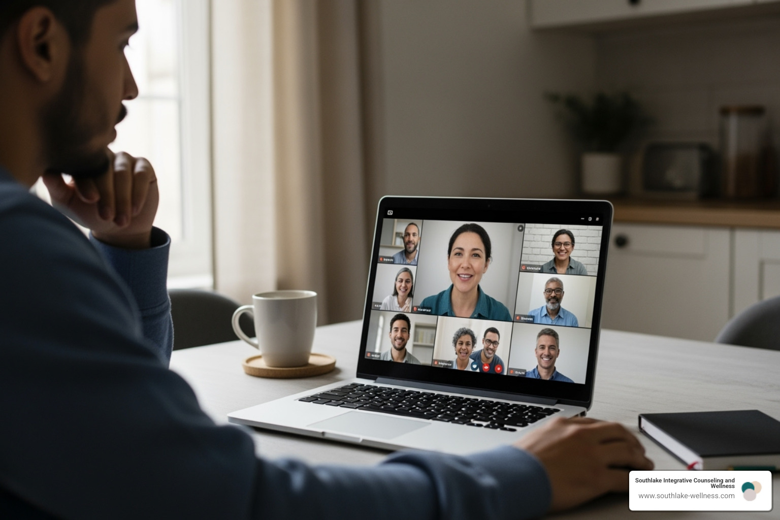 Person logging into a virtual support group on a laptop - Grief support groups