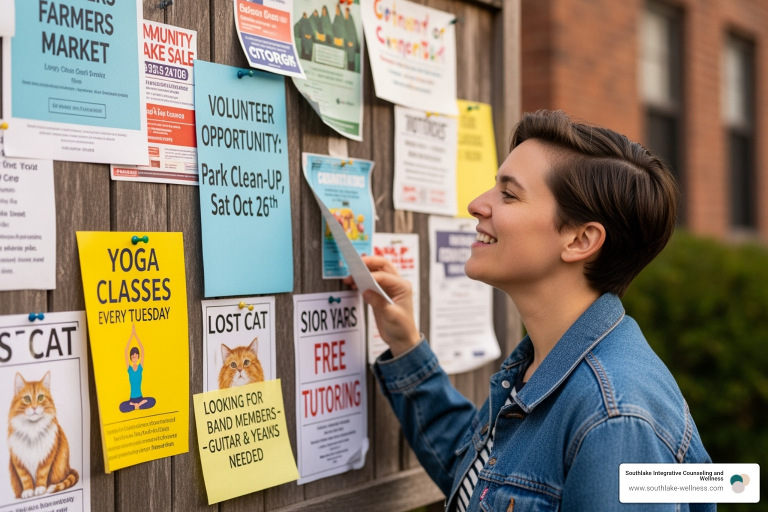 A person looking at a community resource board with various flyers and notices - Grief support groups
