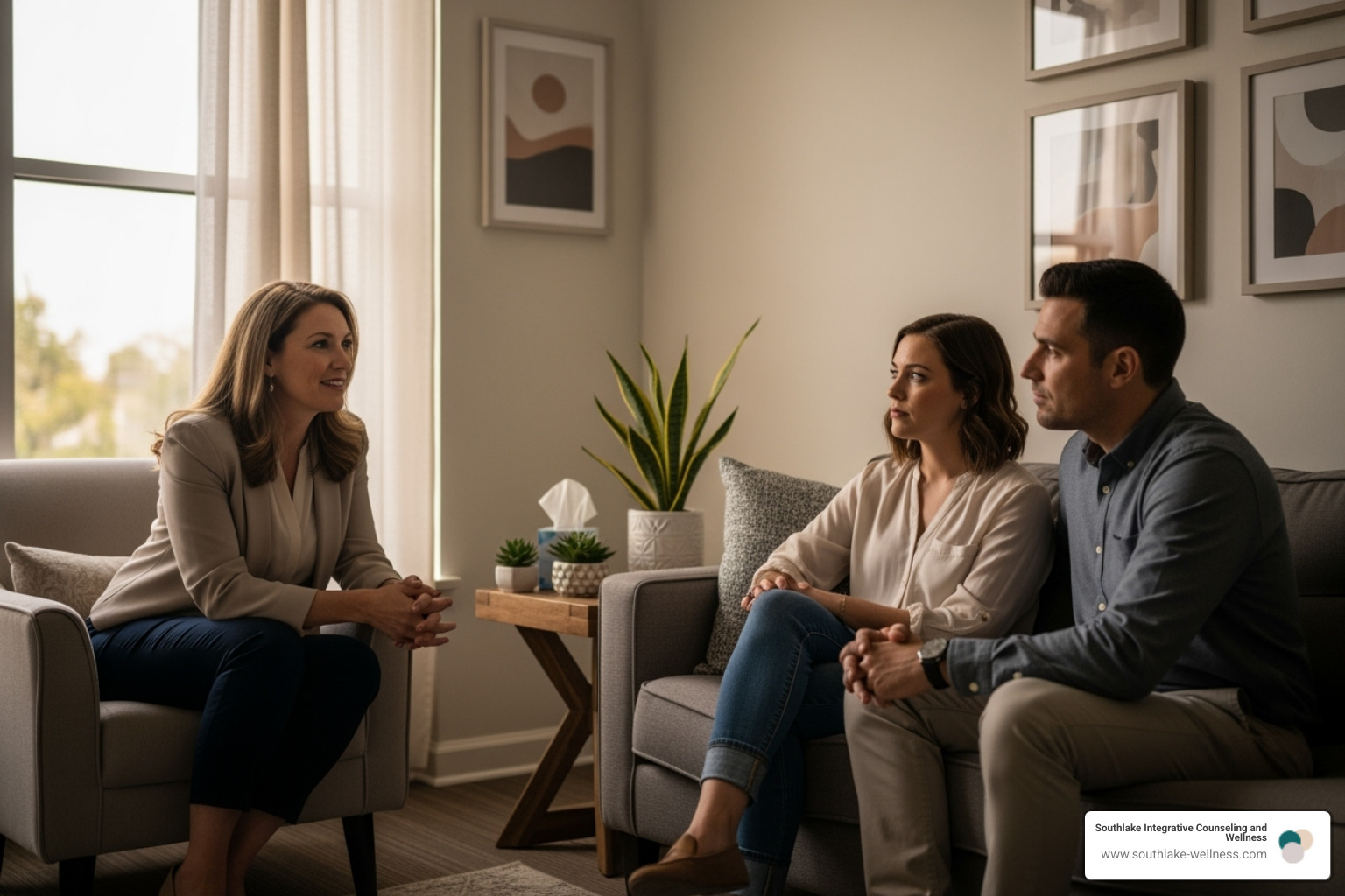 therapist calmly talking with a couple who are listening intently - anger management couples