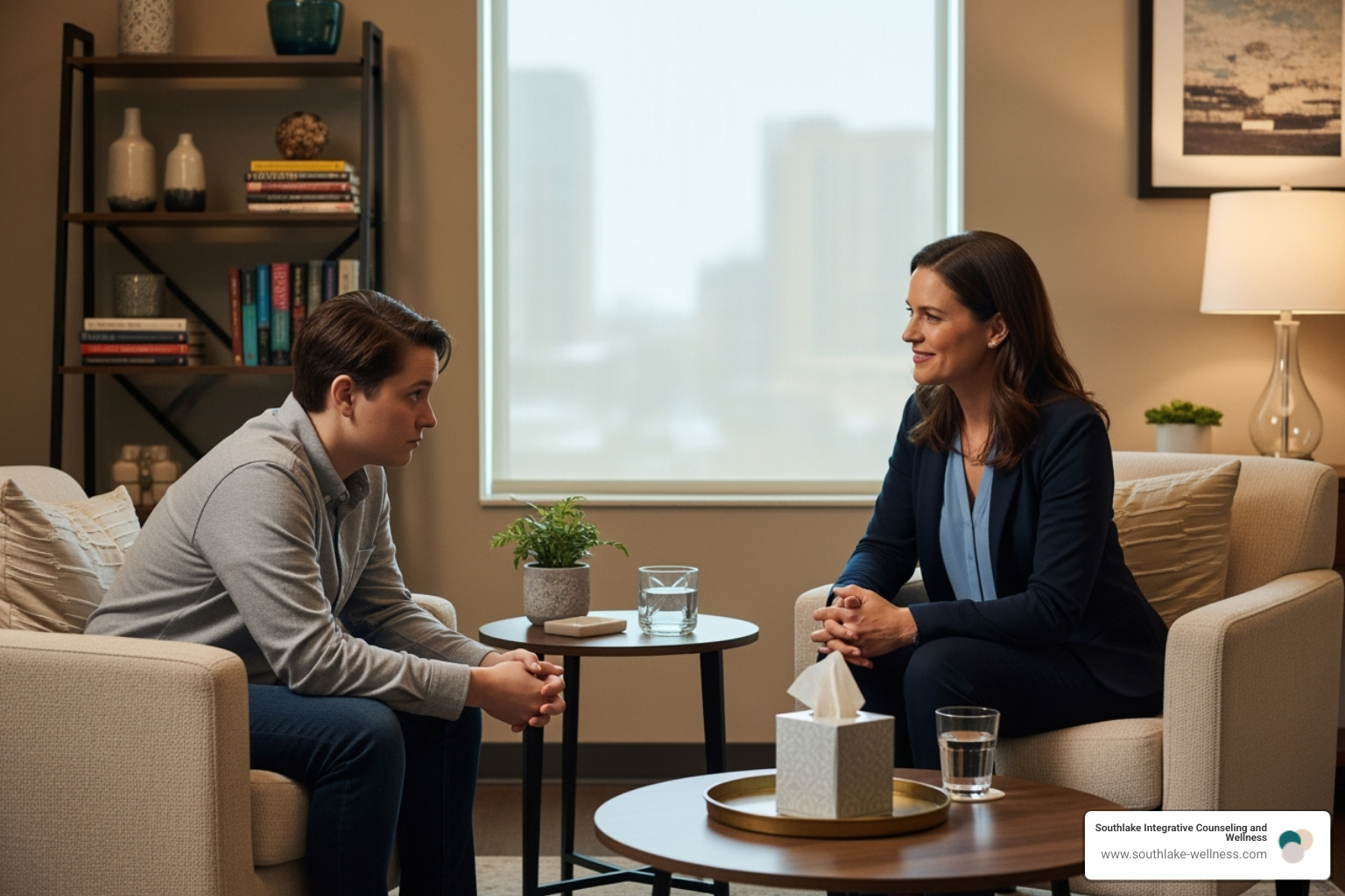 Person talking with a compassionate therapist - Mental health Southlake