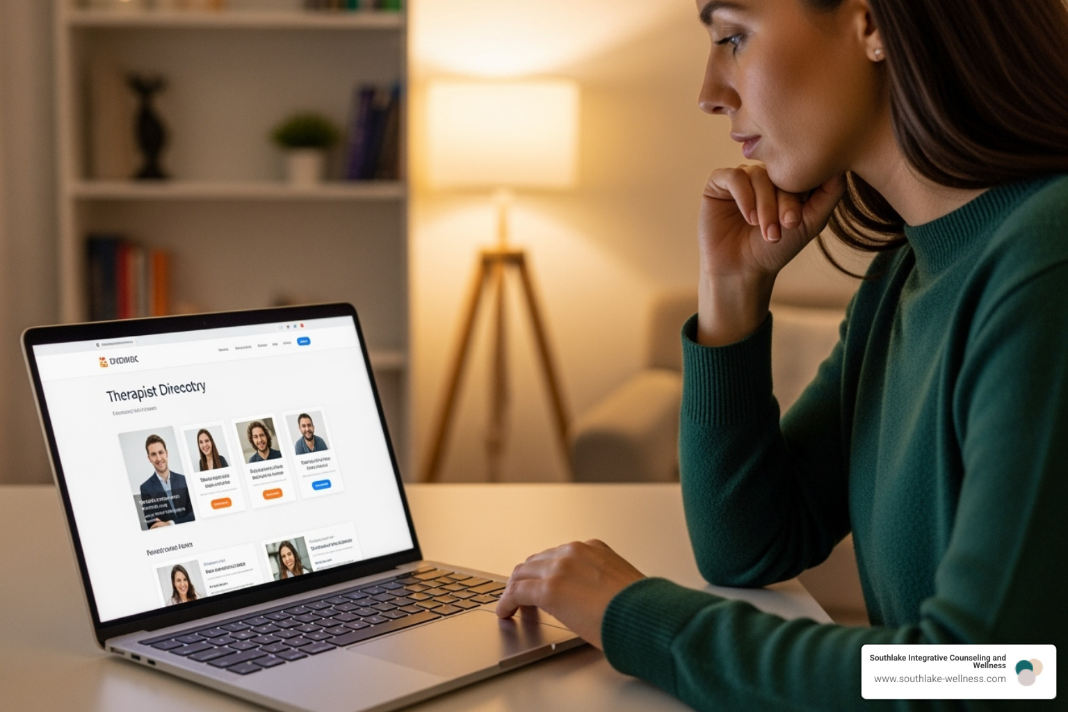 Person thoughtfully looking at a laptop screen displaying a therapist directory - Mental health Southlake