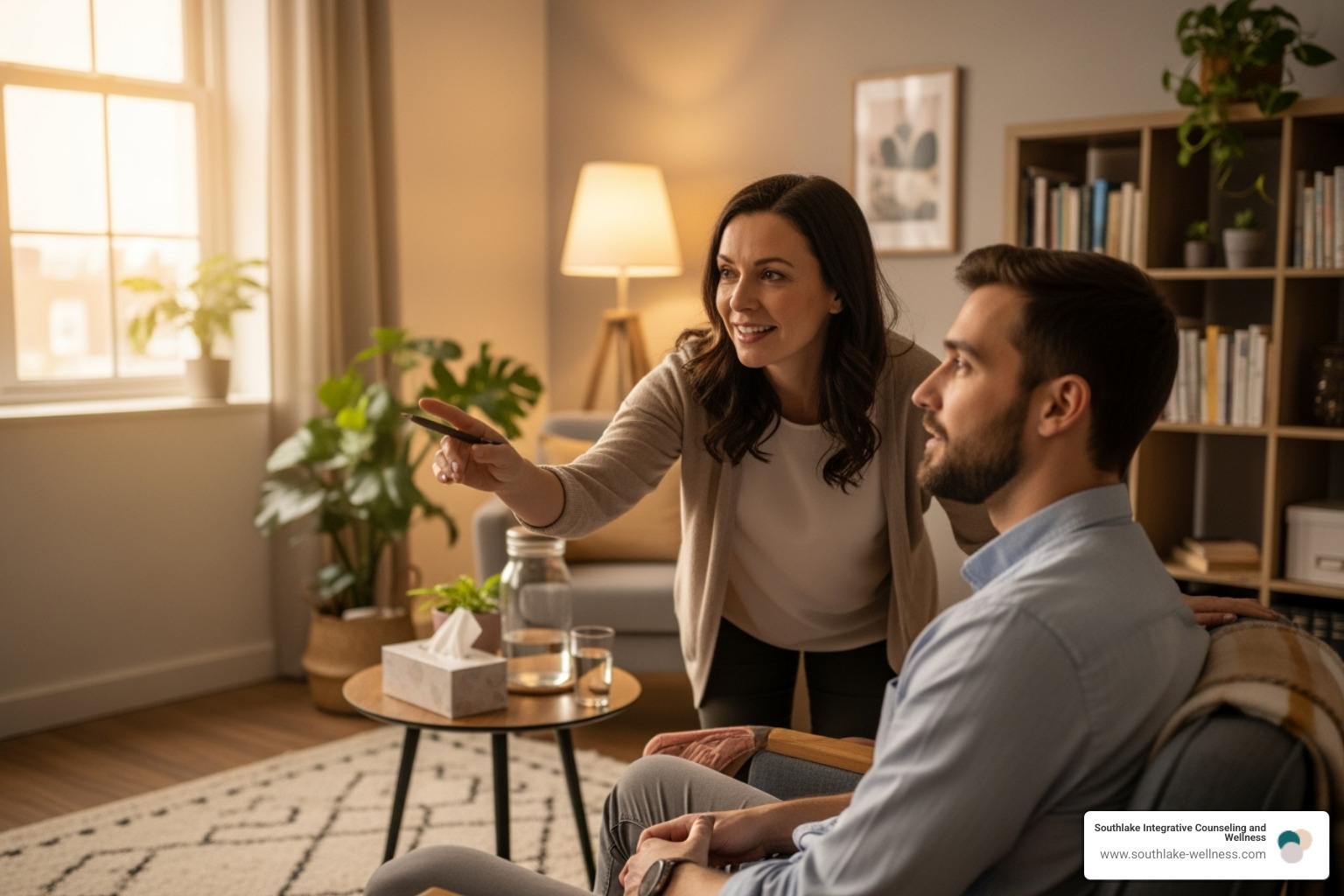 Therapist guiding client through eye movements in a supportive setting - accelerated resolution therapy Therapist guiding client through eye movements in a supportive setting - accelerated resolution therapy