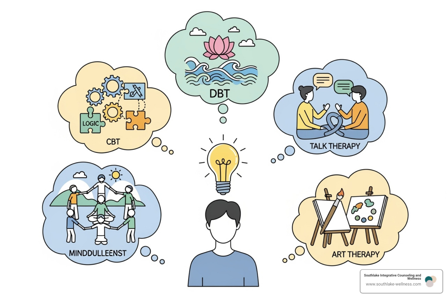 Illustration showing various therapy modalities with thought bubbles, representing CBT, DBT, and other EBT approaches - evidence based therapy Illustration showing various therapy modalities with thought bubbles, representing CBT, DBT, and other EBT approaches - evidence based therapy