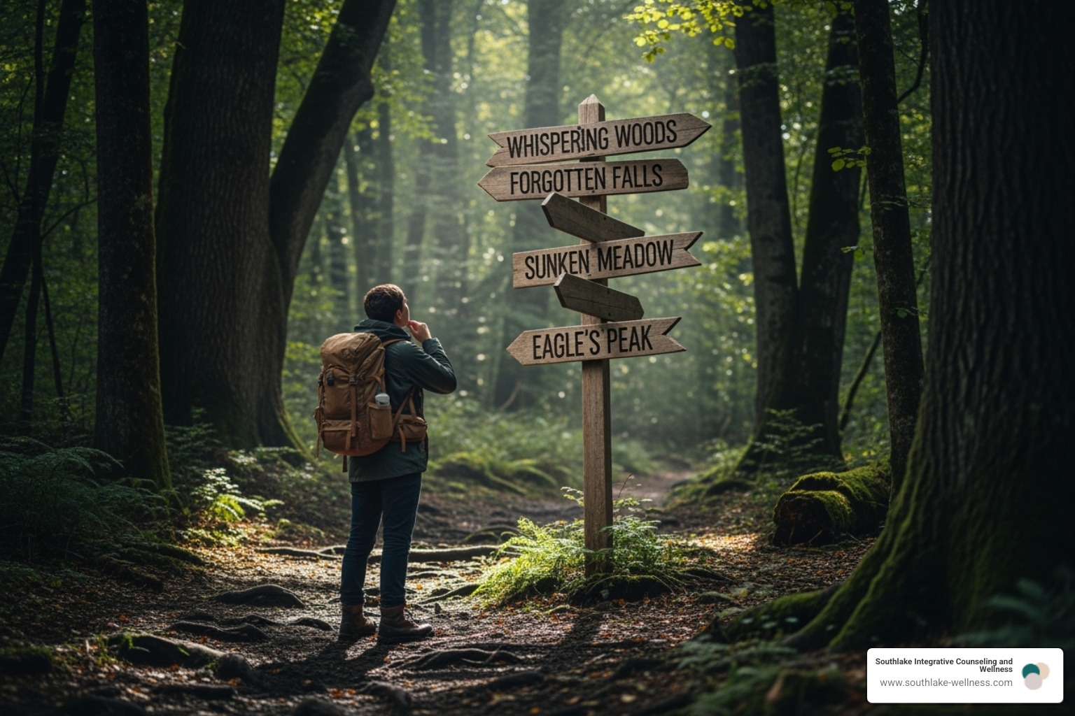 A person standing at a crossroads, looking at a signpost with multiple directions, symbolizing the journey of finding the right therapy - evidence based therapy A person standing at a crossroads, looking at a signpost with multiple directions, symbolizing the journey of finding the right therapy - evidence based therapy