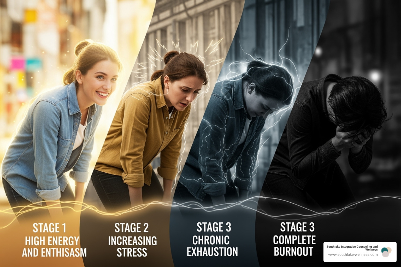 Diagram showing the progression from initial enthusiasm to chronic stress and eventual burnout - Burnout stress recovery Diagram showing the progression from initial enthusiasm to chronic stress and eventual burnout - Burnout stress recovery