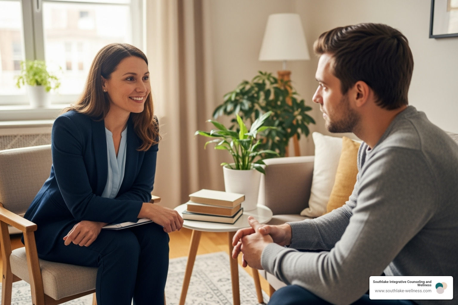 Supportive therapy session with a therapist and client, showing empathy and connection - Burnout stress recovery Supportive therapy session with a therapist and client, showing empathy and connection - Burnout stress recovery