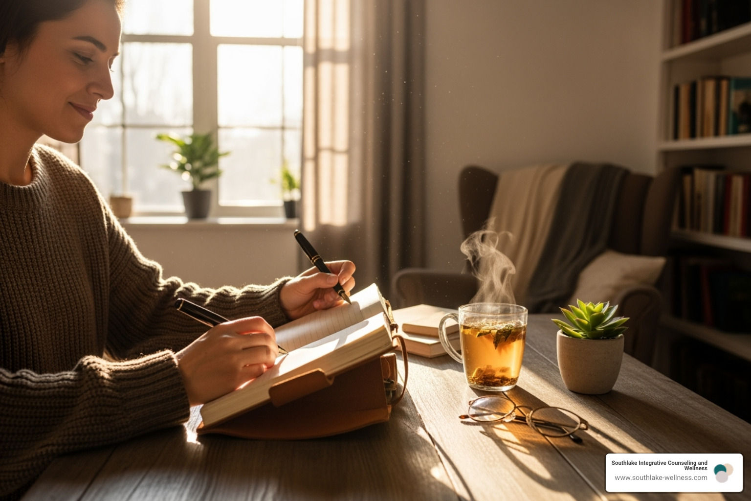Person journaling peacefully in a sunlit room, symbolizing self-reflection and healing - Burnout stress recovery Person journaling peacefully in a sunlit room, symbolizing self-reflection and healing - Burnout stress recovery