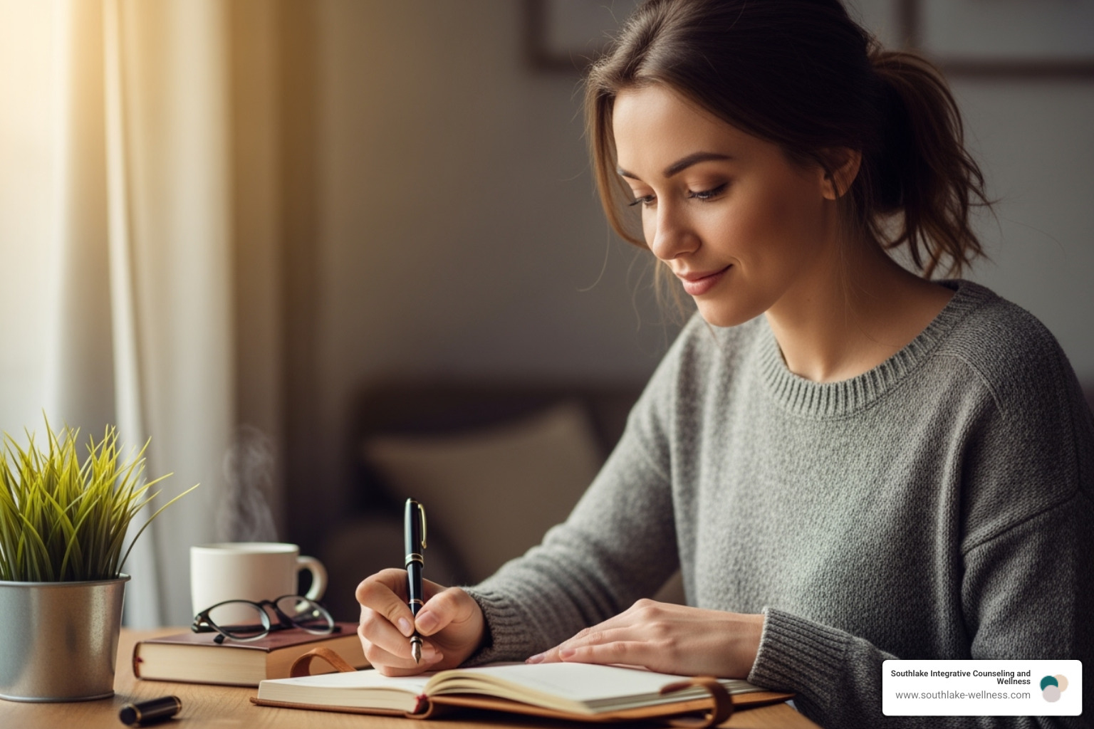 person journaling with a hopeful expression - develop coping skills person journaling with a hopeful expression - develop coping skills