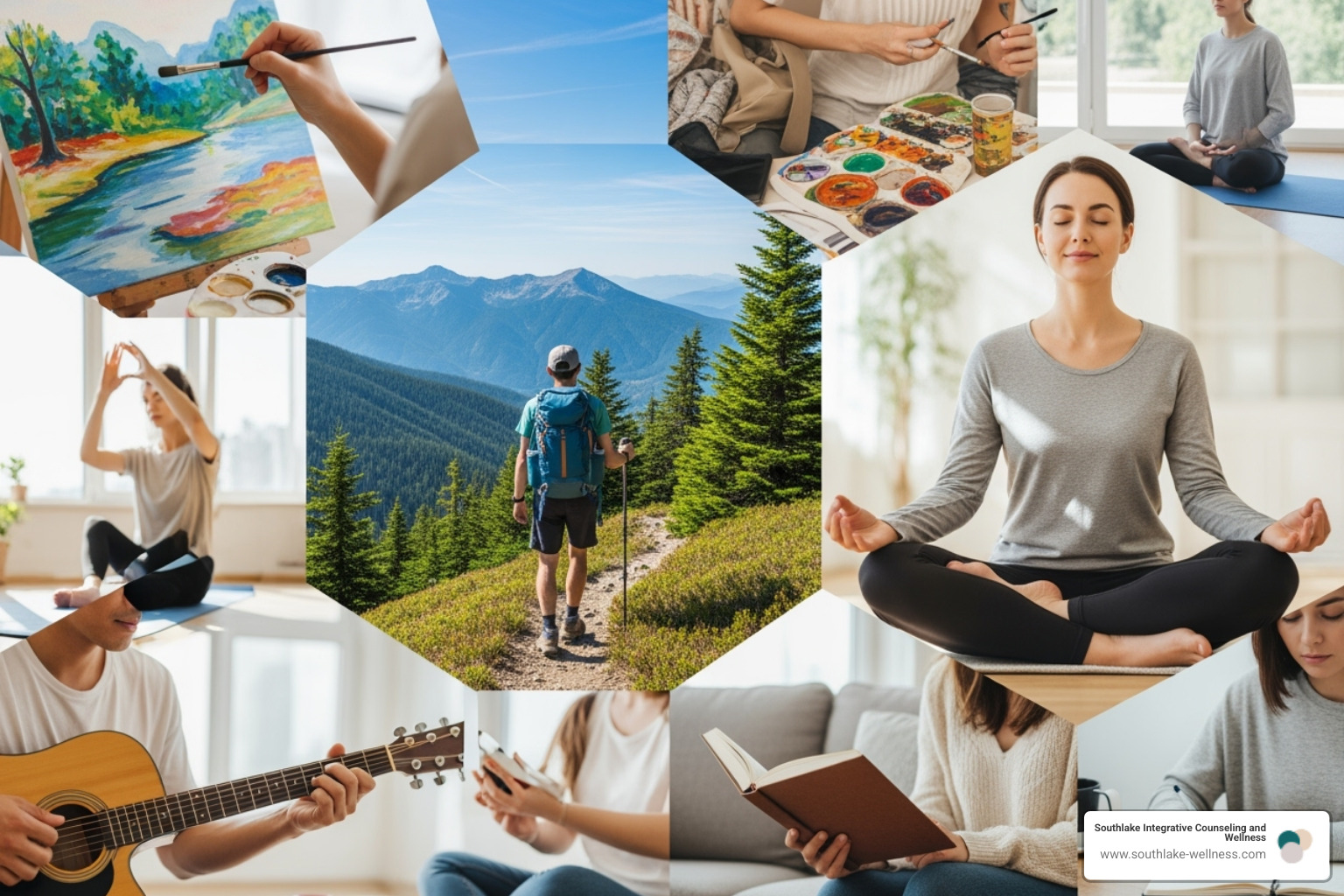 collage of people engaging in healthy coping activities like painting, hiking, and meditating - develop coping skills collage of people engaging in healthy coping activities like painting, hiking, and meditating - develop coping skills