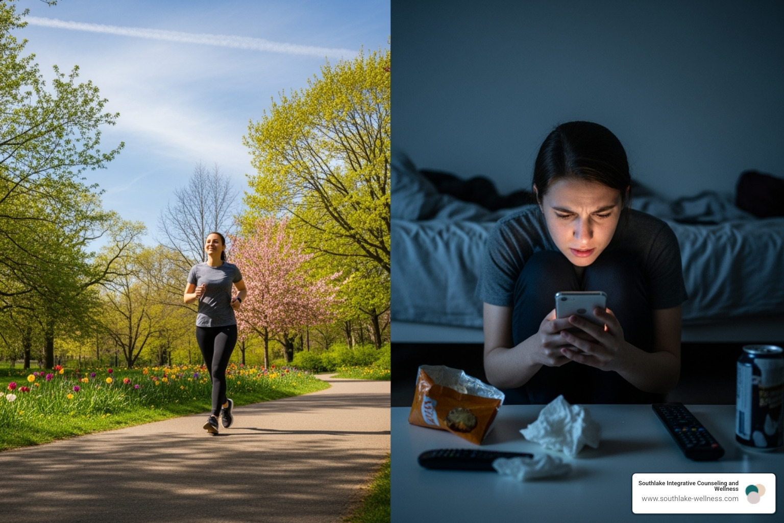 image illustrating a clear choice between a healthy activity (walking) and an unhealthy one (excessive screen time) - develop coping skills image illustrating a clear choice between a healthy activity (walking) and an unhealthy one (excessive screen time) - develop coping skills