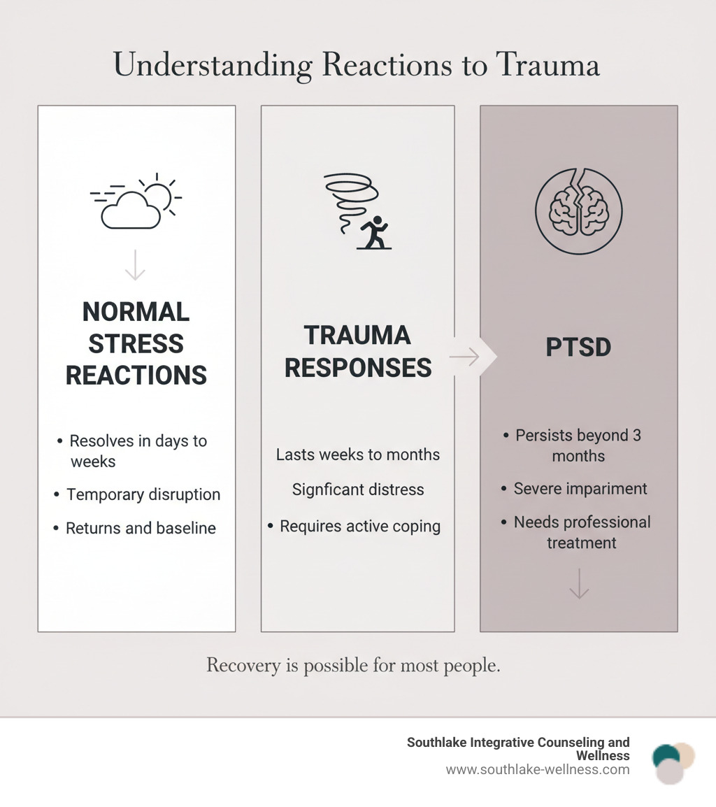 infographic showing three columns: Normal Stress Reactions (resolves in days to weeks, temporary disruption, returns to baseline), Trauma Responses (lasts weeks to months, significant distress, requires active coping), and PTSD (persists beyond 3 months, severe impairment, needs professional treatment) - Heal emotional trauma infographic infographic showing three columns: Normal Stress Reactions (resolves in days to weeks, temporary disruption, returns to baseline), Trauma Responses (lasts weeks to months, significant distress, requires active coping), and PTSD (persists beyond 3 months, severe impairment, needs professional treatment) - Heal emotional trauma infographic