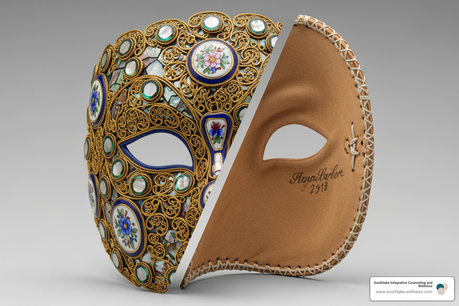 Image of a decorated mask, showing the inner and outer sides - art therapy activities for emotional regulation Image of a decorated mask, showing the inner and outer sides - art therapy activities for emotional regulation