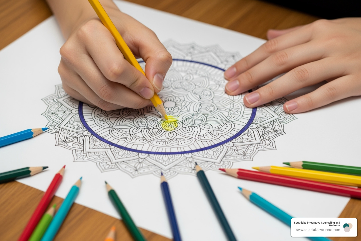 Image of someone coloring an intricate mandala - art therapy activities for emotional regulation Image of someone coloring an intricate mandala - art therapy activities for emotional regulation