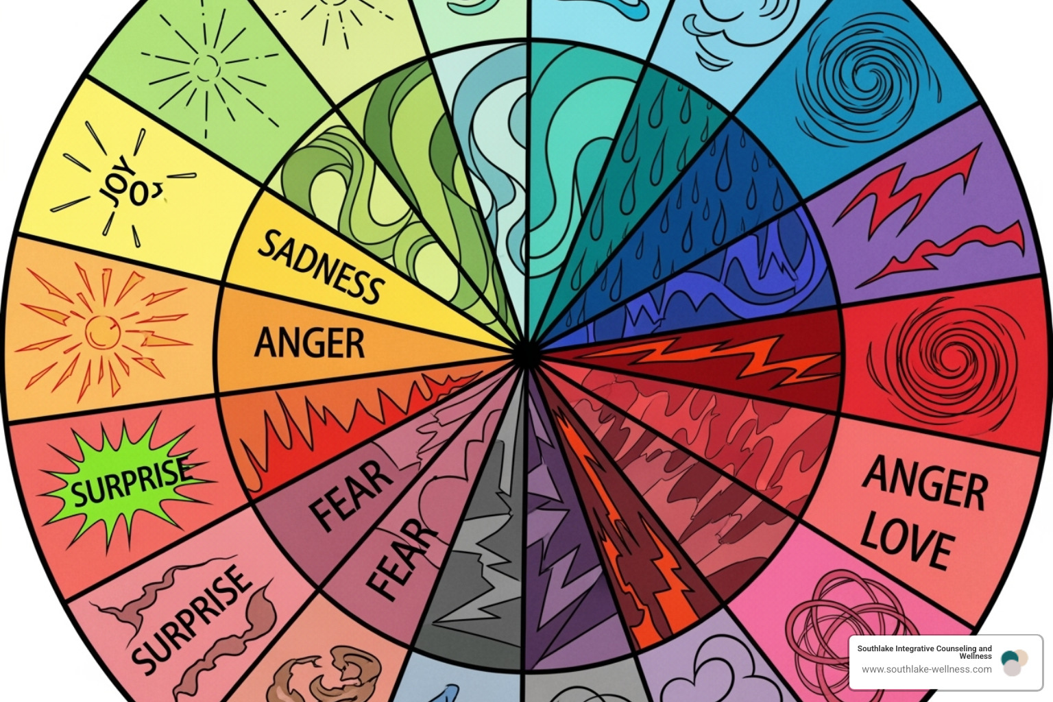 Image of a completed Emotion Wheel art piece - art therapy activities for emotional regulation Image of a completed Emotion Wheel art piece - art therapy activities for emotional regulation