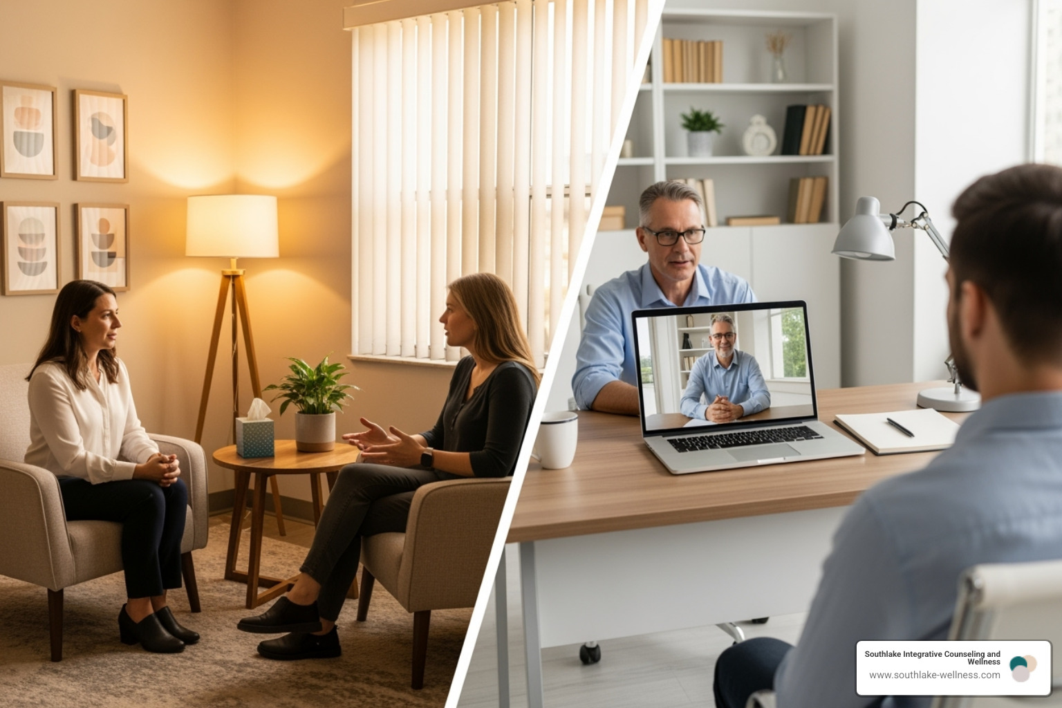 a split screen with a comfortable in-person therapy room on one side and a professional telehealth session on the other. - individual therapy southlake
