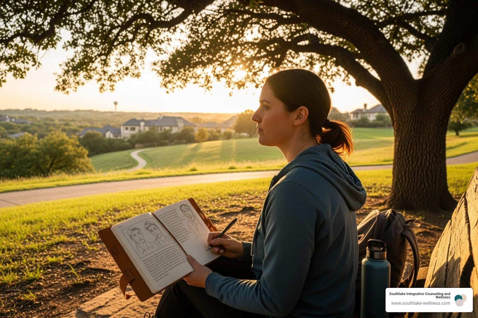 a person journaling thoughtfully in a calm, natural setting in the Southlake area. - individual therapy southlake
