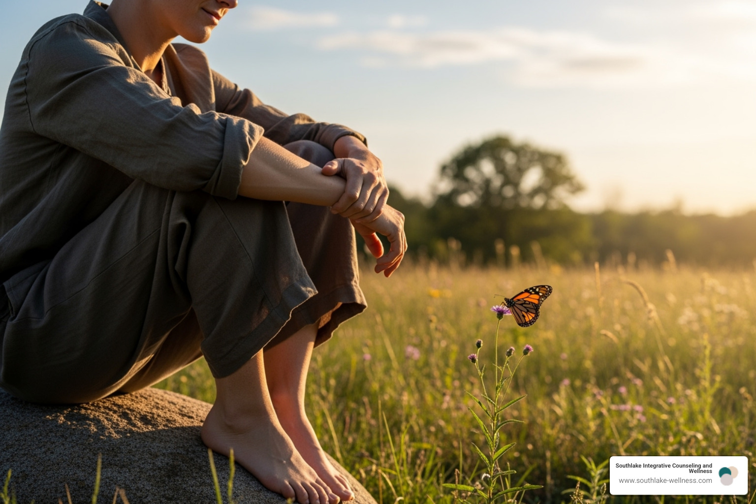 person sitting in a contemplative pose, observing a butterfly - does mindfulness based therapy help for self care