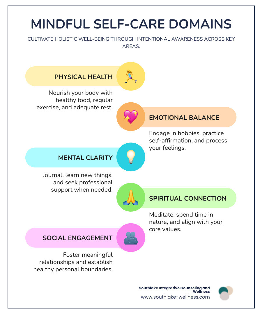 infographic showing the five domains of mindfulness-based self-care: Physical (eating healthy, exercise), Emotional (engaging hobbies, self-affirmation), Mental (journaling, therapy), Spiritual (meditation, nature time), and Social (meaningful connections, healthy boundaries), with arrows connecting each domain to reduced stress, increased well-being, and sustainable self-care practices at the center - does mindfulness based therapy help for self care infographic infographic-line-5-steps-colors