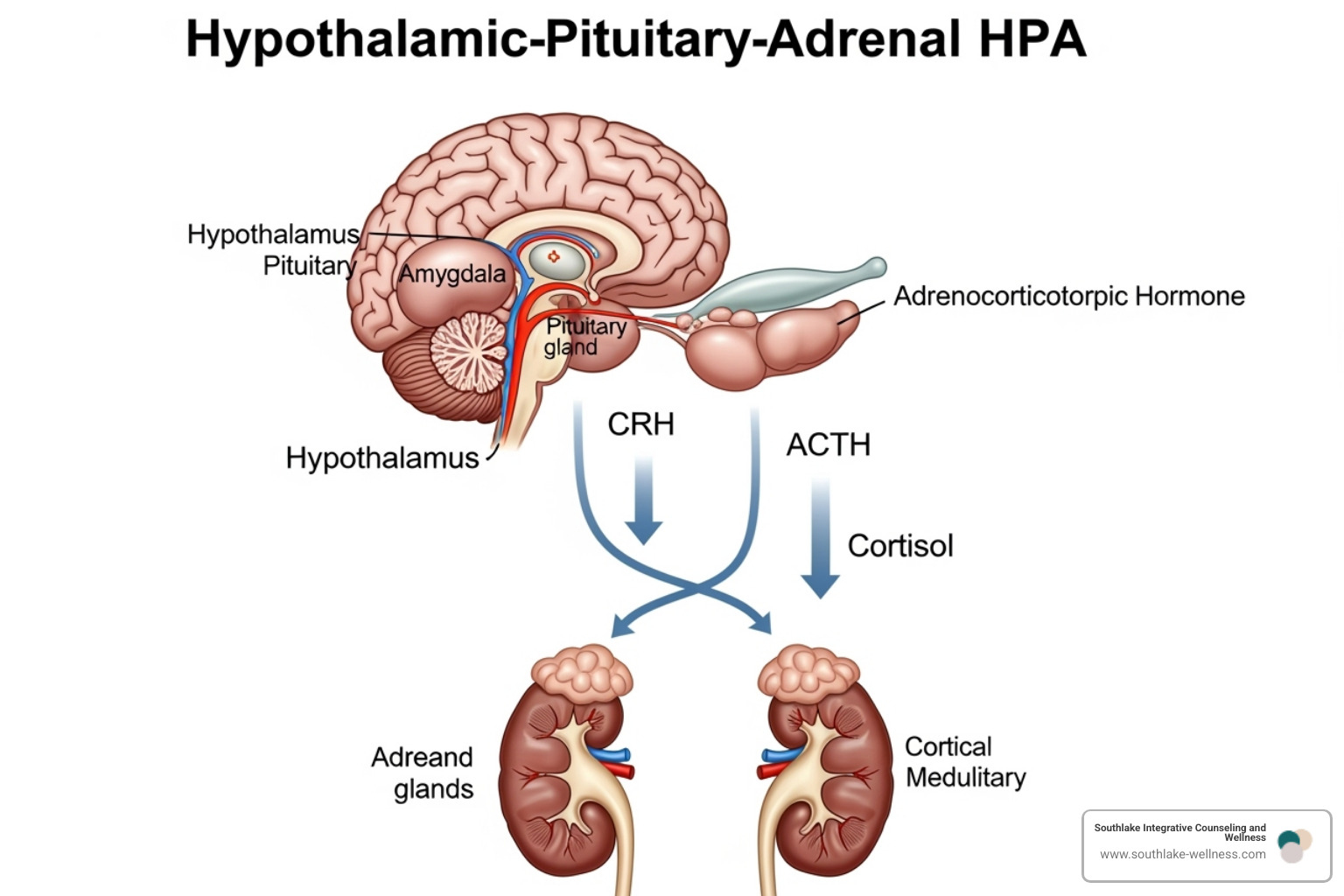 Image illustrating the brain and adrenal glands, highlighting the HPA axis - what is chronic stress Image illustrating the brain and adrenal glands, highlighting the HPA axis - what is chronic stress