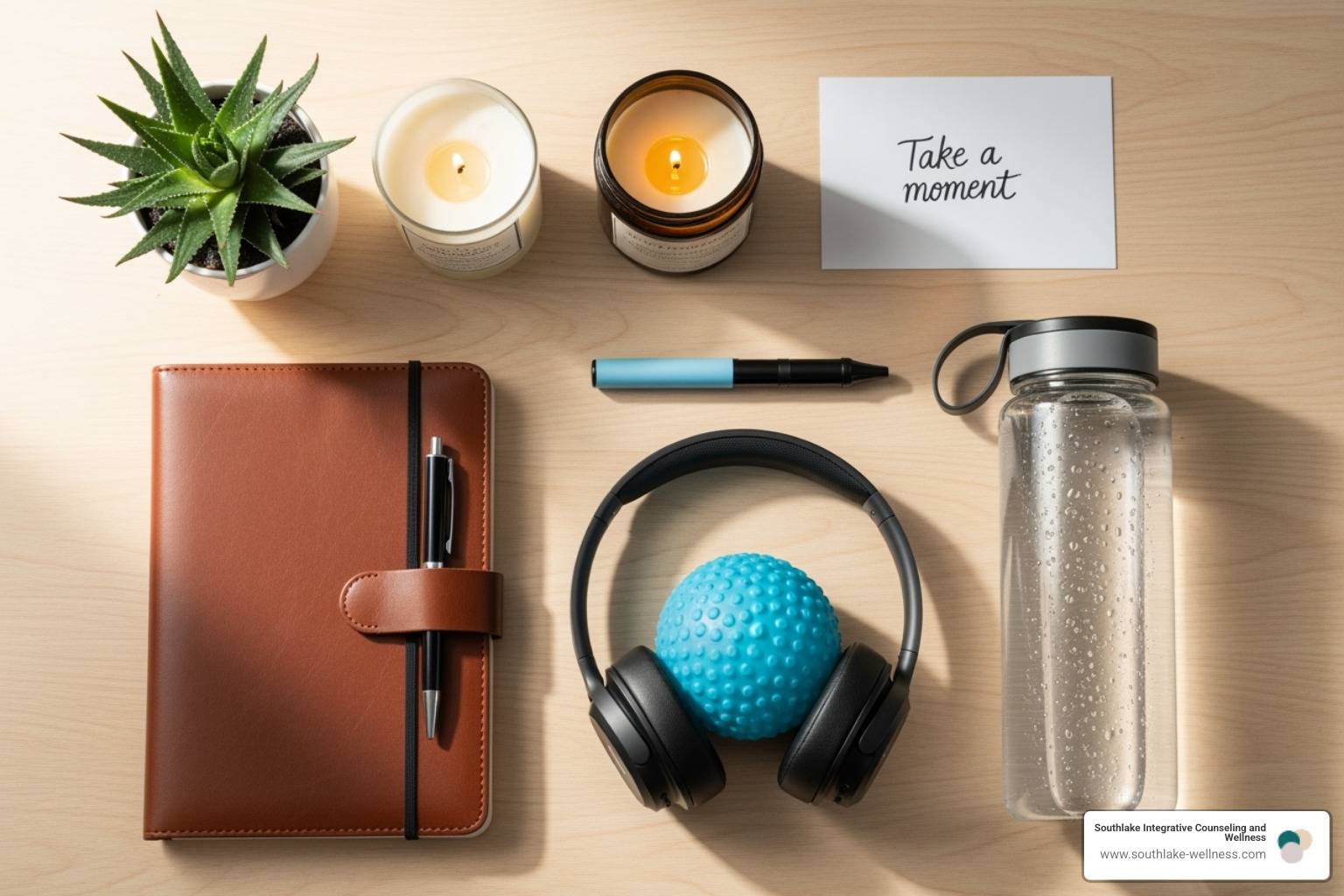 toolkit with journal, stress ball, headphones, water bottle - mental health activities