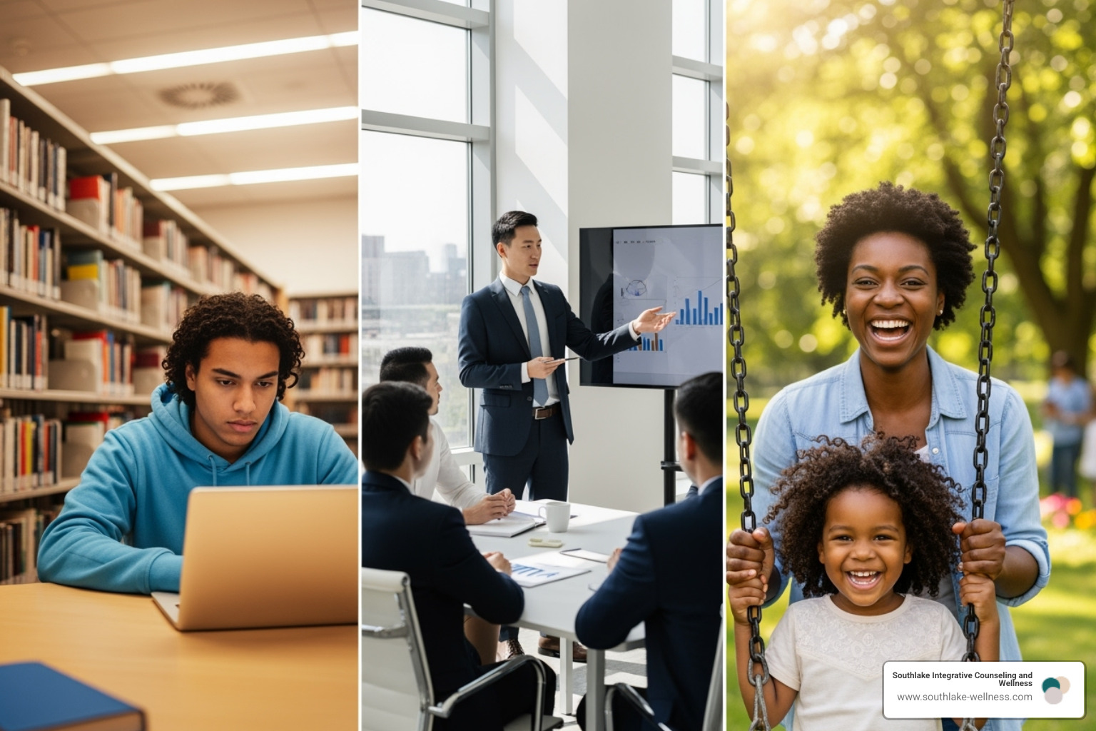 A diverse group of people: a focused student working at a laptop, a professional in a business suit confidently leading a meeting, and a parent joyfully interacting with a child in a park. This image represents the wide range of individuals who can benefit from emotional resilience coaching. - emotional resilience coaching