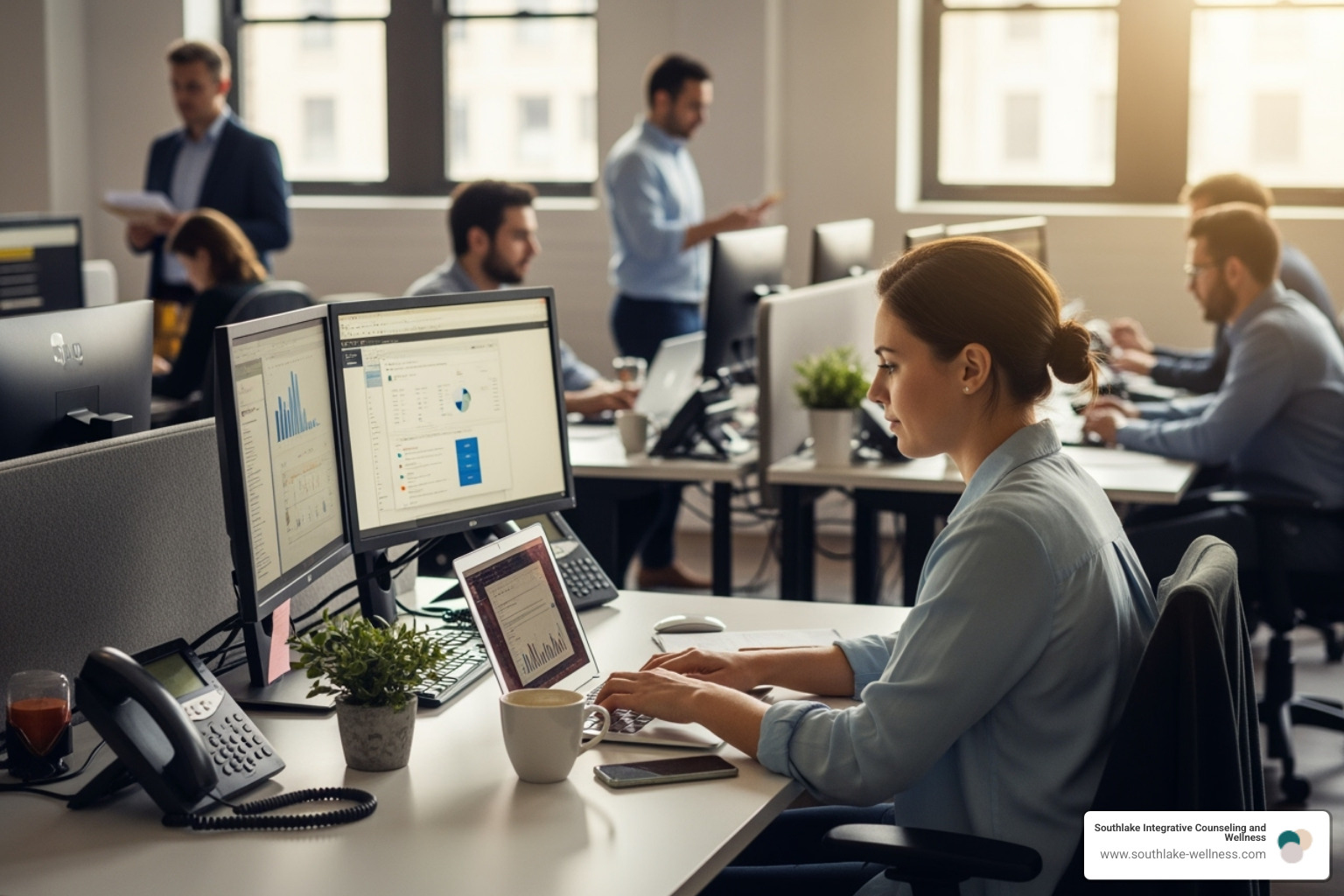 A person sitting calmly at a desk in a bustling, open-plan office, looking composed and focused amidst colleagues, phones ringing, and computer screens. The scene conveys a sense of inner peace and productivity despite external stressors. - emotional resilience coaching