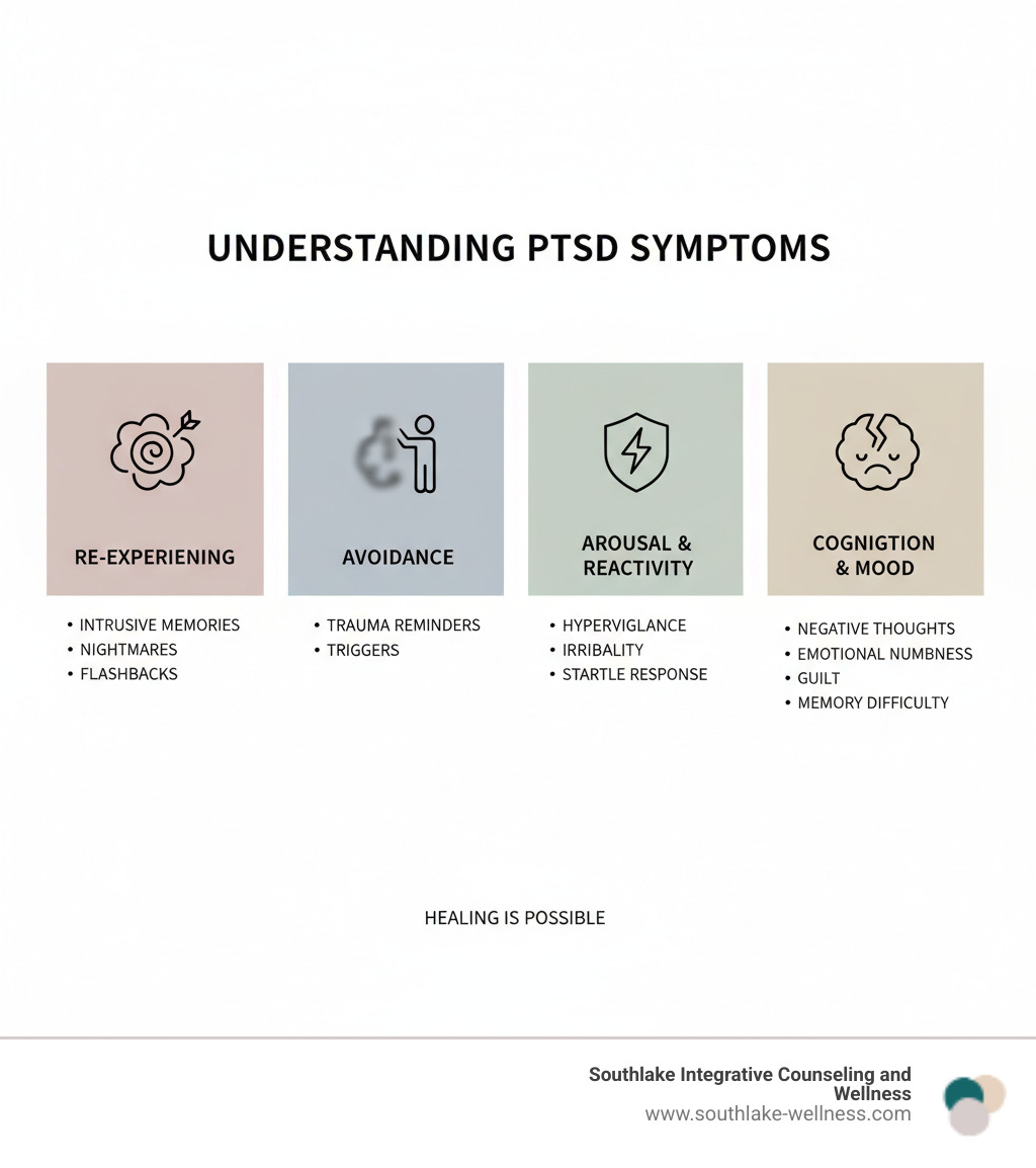 Infographic showing the four main categories of PTSD symptoms: Re-experiencing includes intrusive memories, nightmares, and flashbacks; Avoidance involves steering clear of trauma reminders and triggers; Arousal and Reactivity encompasses hypervigilance, irritability, and exaggerated startle response; Cognition and Mood changes include negative thoughts, emotional numbness, guilt, and difficulty remembering aspects of the trauma - Trauma therapy programs infographic 