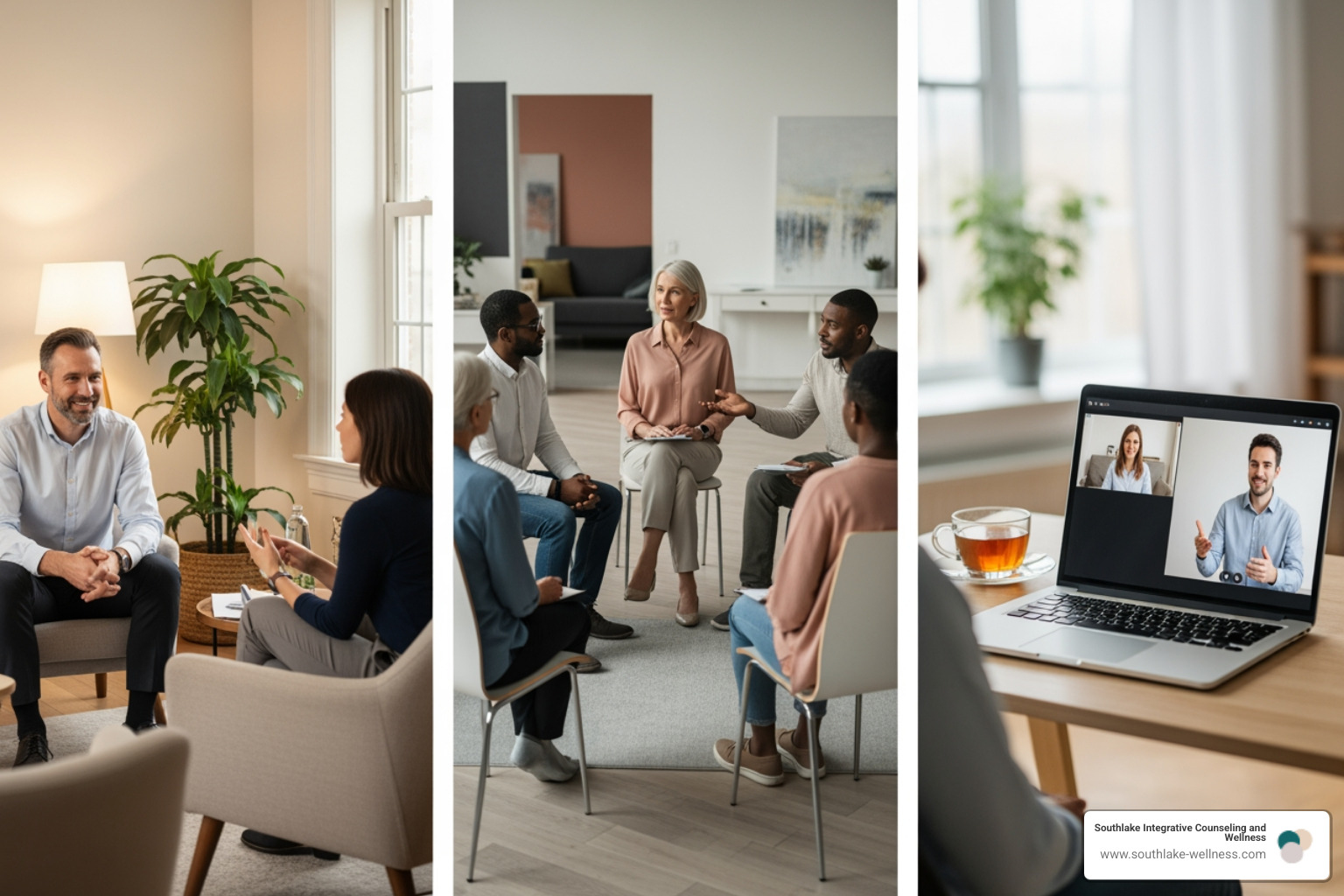 illustrating different therapy settings (e.g., individual, group, virtual) - Trauma therapy programs