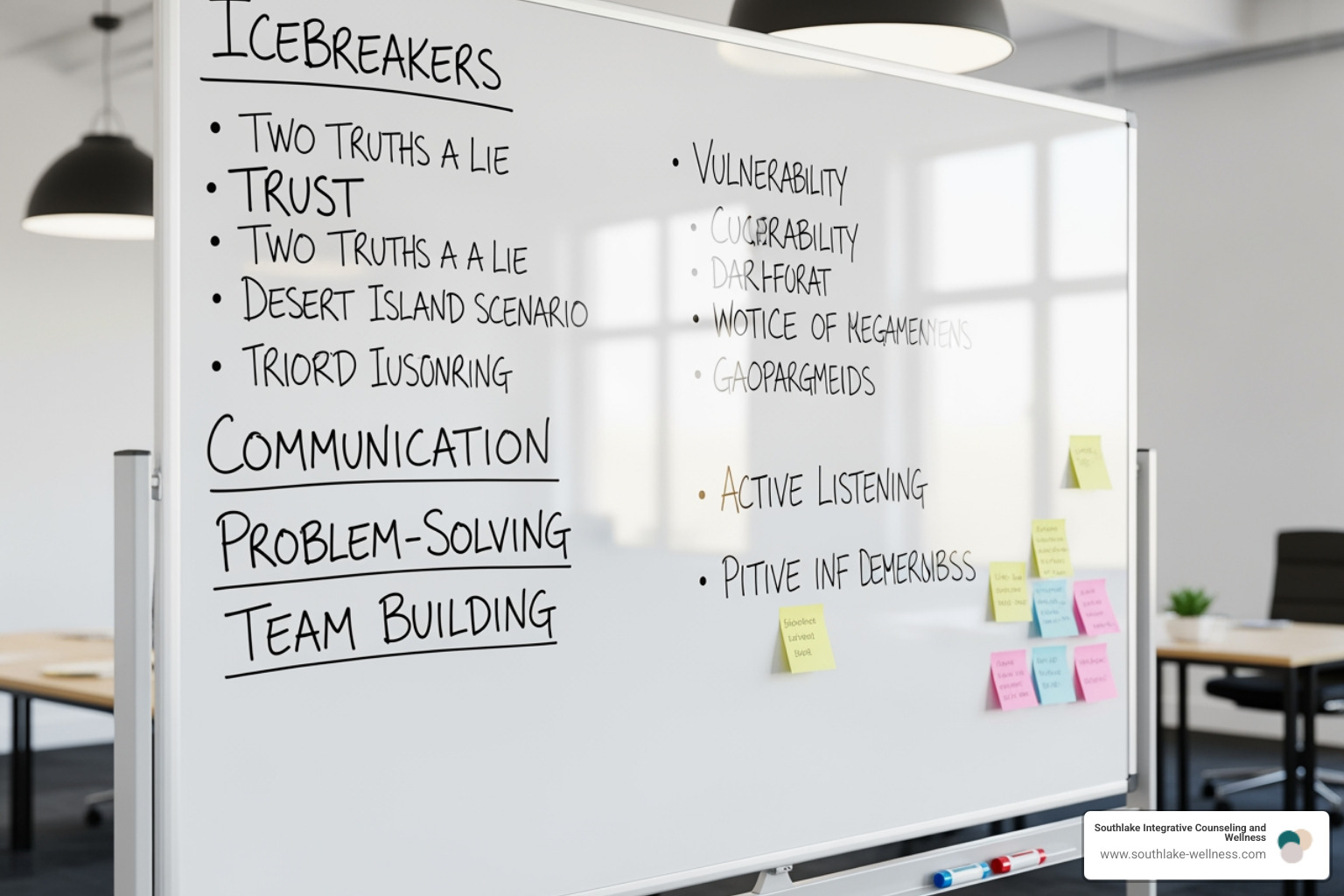 whiteboard with categories like "Icebreakers," "Trust," and "Communication" written on it - group therapy activities whiteboard with categories like "Icebreakers," "Trust," and "Communication" written on it - group therapy activities